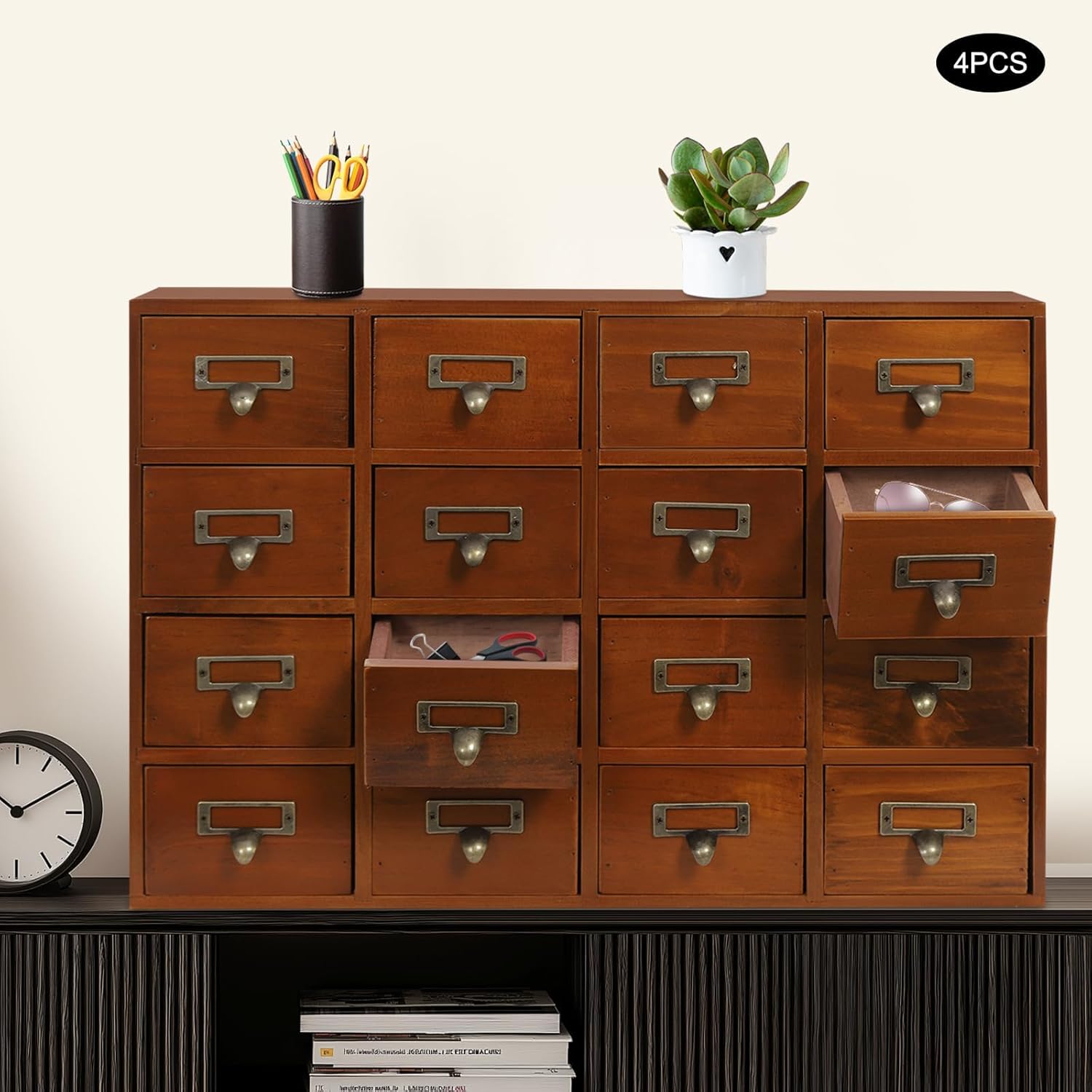 64-Drawer Apothecary Cabinet, Brown Pine Wood, Traditiona Apothecary Drawers, Vulti Level Countertop Arts Library Card Catalog Cabinet (4-Pack, 19.69x13.78in Each)