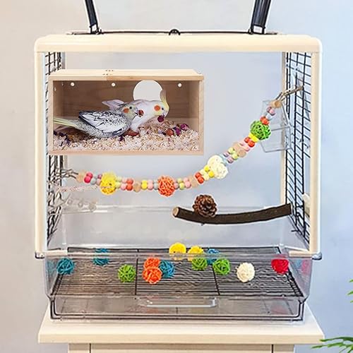 Miniatura 6 de Rypet Caja de nido de periquitos con diseño transparente, caja de cría de nido de pájaros con perca de madera para pájaros de cacatúa, agapornis,