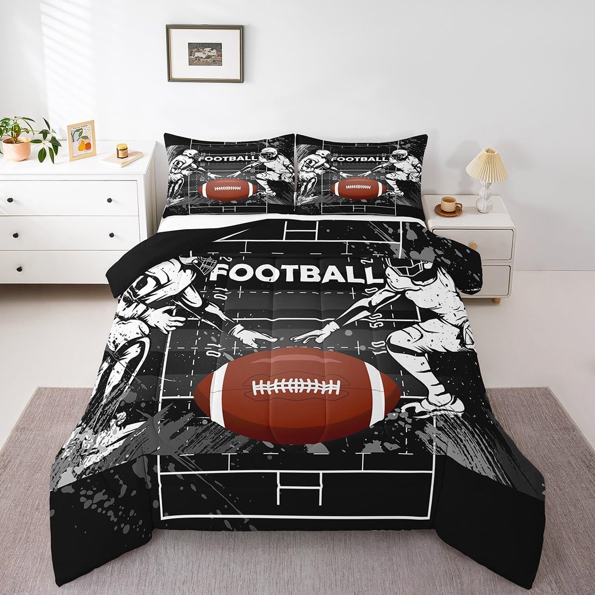 Feelyou Football Comforter Set Queen Size Rugby Bedding Set for Kids Boys Girls Decor Rugby Games Comforter Microfiber Black Brown White Quilt Set Bedroom Bedclothes