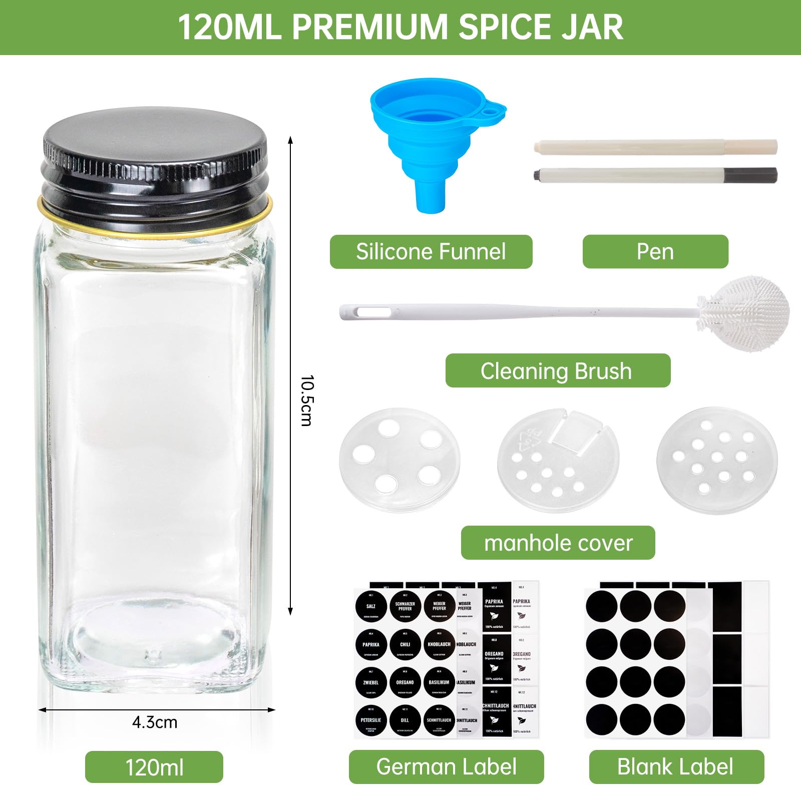 24 Pezzi Set Di Barattoli Per Spezie, Controllo Delle Spezie In Vetro 120ml, Contenitori Per Spezie Con Adesivi Tedeschi Ed Etichette Bianche, Pennello, Imbuto Per Spezie Barattoli Portaspezie