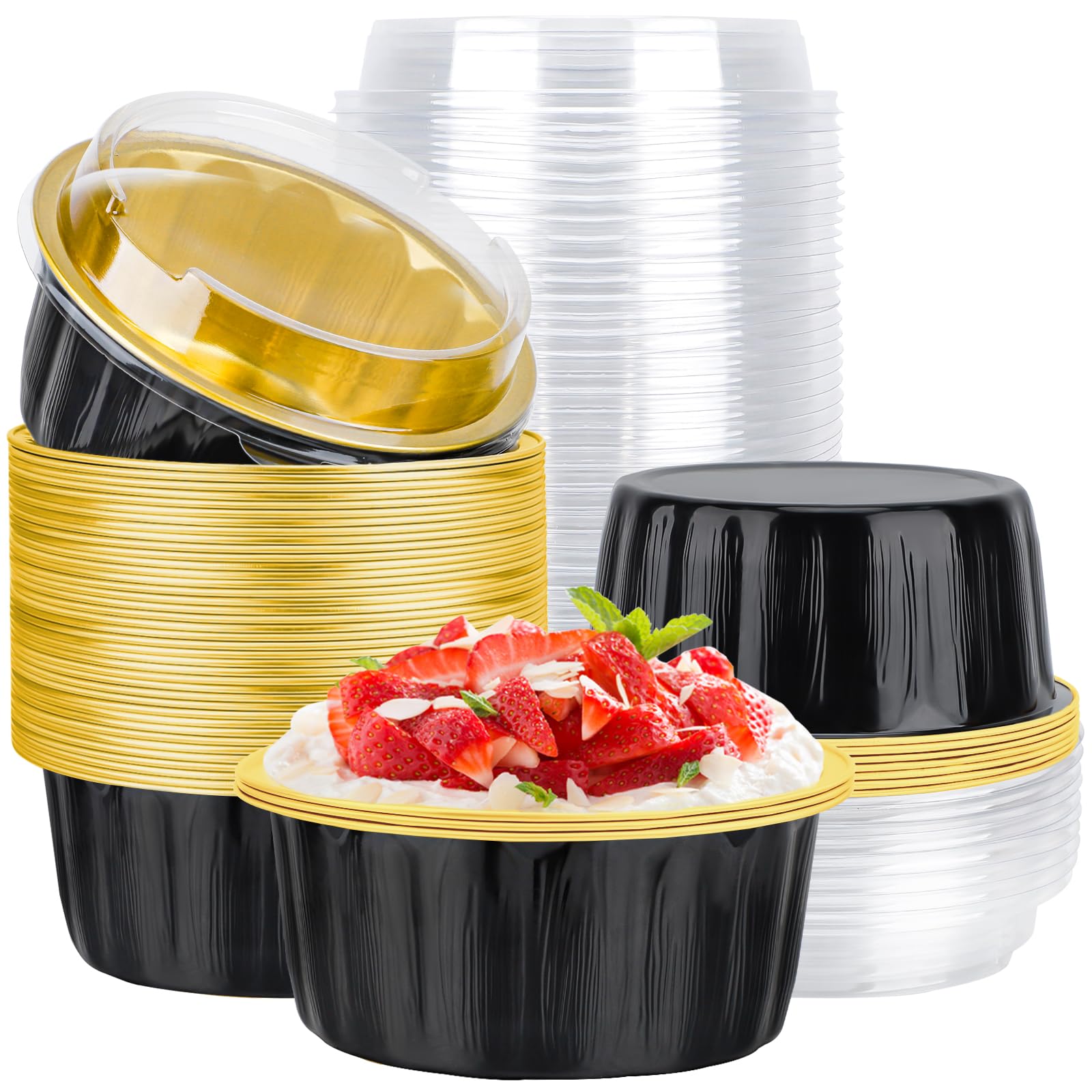 EUSOAR Ramequines desechables con tapas, color negro y dorado, 50 moldes de aluminio de 21 onzas con tapas, moldes para magdalenas, mini recipientes para pan de pastel con tapas para recuerdos de