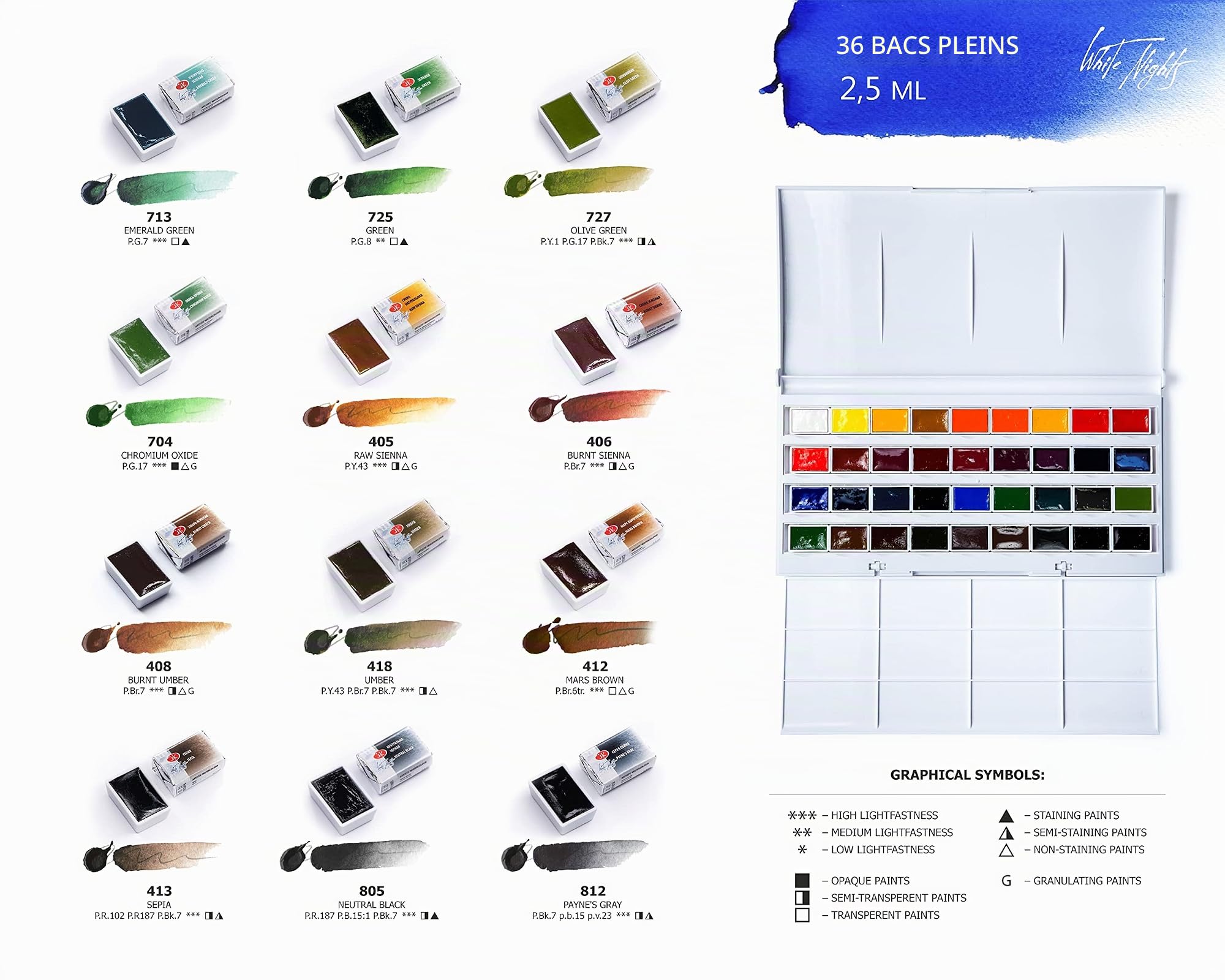 White Nights Aquarelle artiste russe set, 36 godets entiers boîte