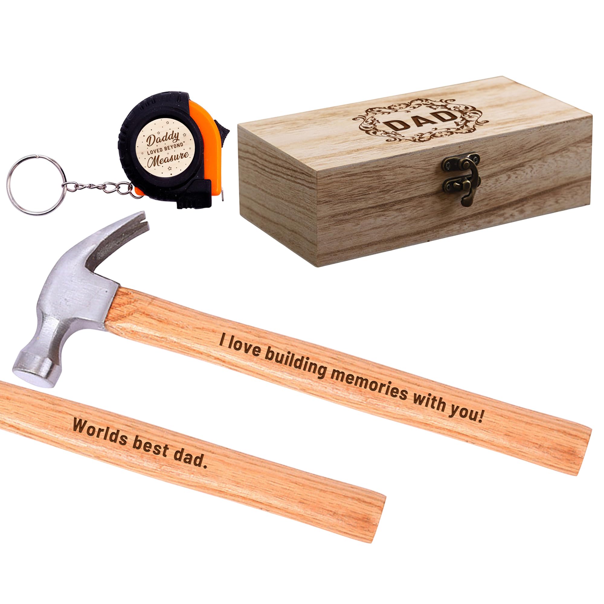 Fathers Day Hammer Set Gift,Engraved Wood Handle Hammer & Mini Tape Measure Keychain Set with Wooden Gift Box for Dad Husband,I Love You Building