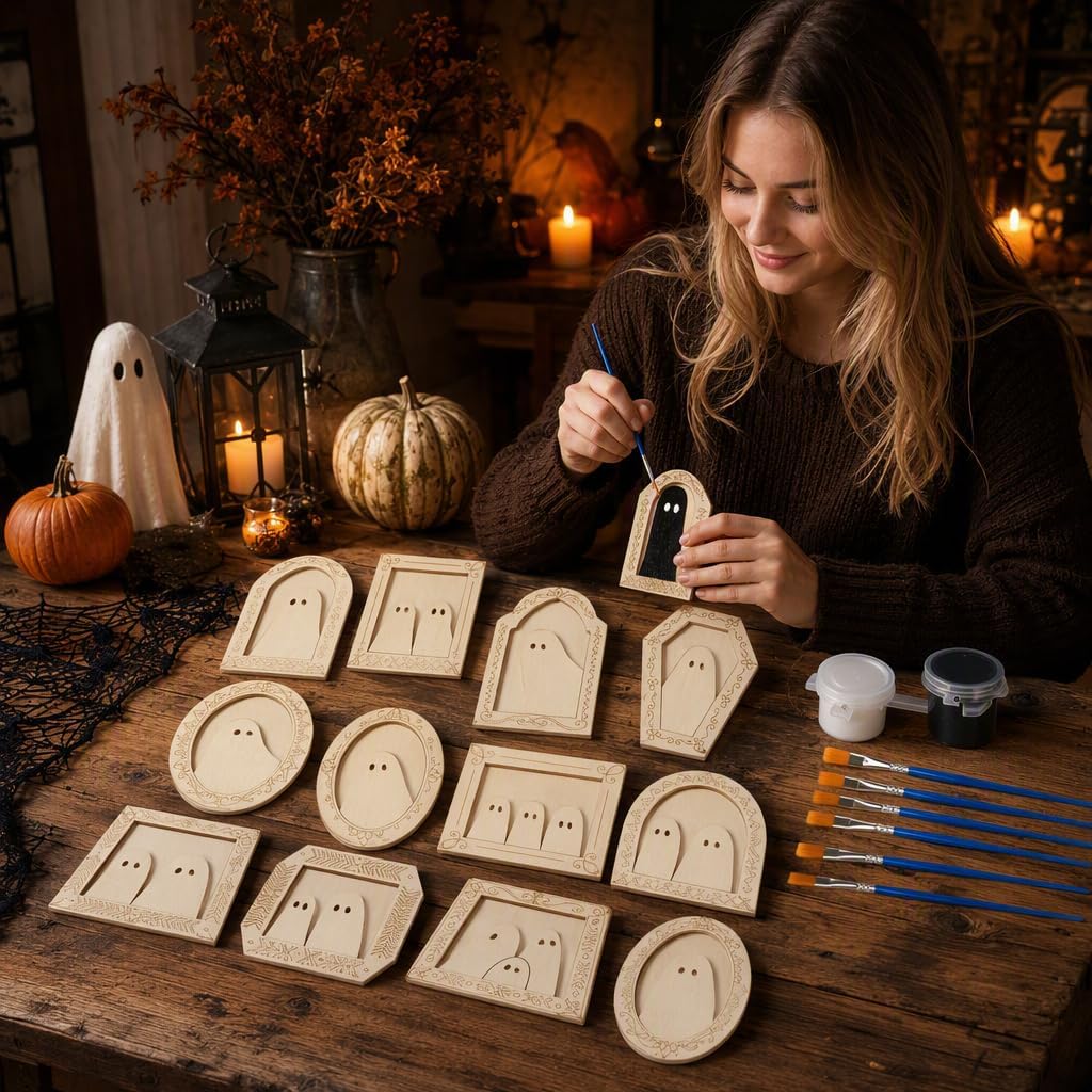 12Pcs Halloween Crafts for Adults, Wood Ghost DIY Painting Kit, Unfinished Wooden Ghost Frames, Halloween Arts and Crafts, Cute Ghost for Halloween Craft Art Party Supplies