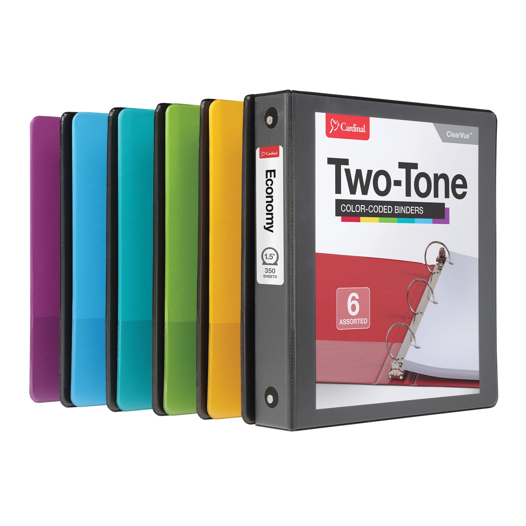 Cardinal Raccoglitori a 3 anelli bicolore per scuola e ufficio, nero/arcobaleno, resistenti anelli rotondi da 3,8 cm, contiene 350 fogli, copertina per presentazioni, tasche trasparenti, antiaderenti