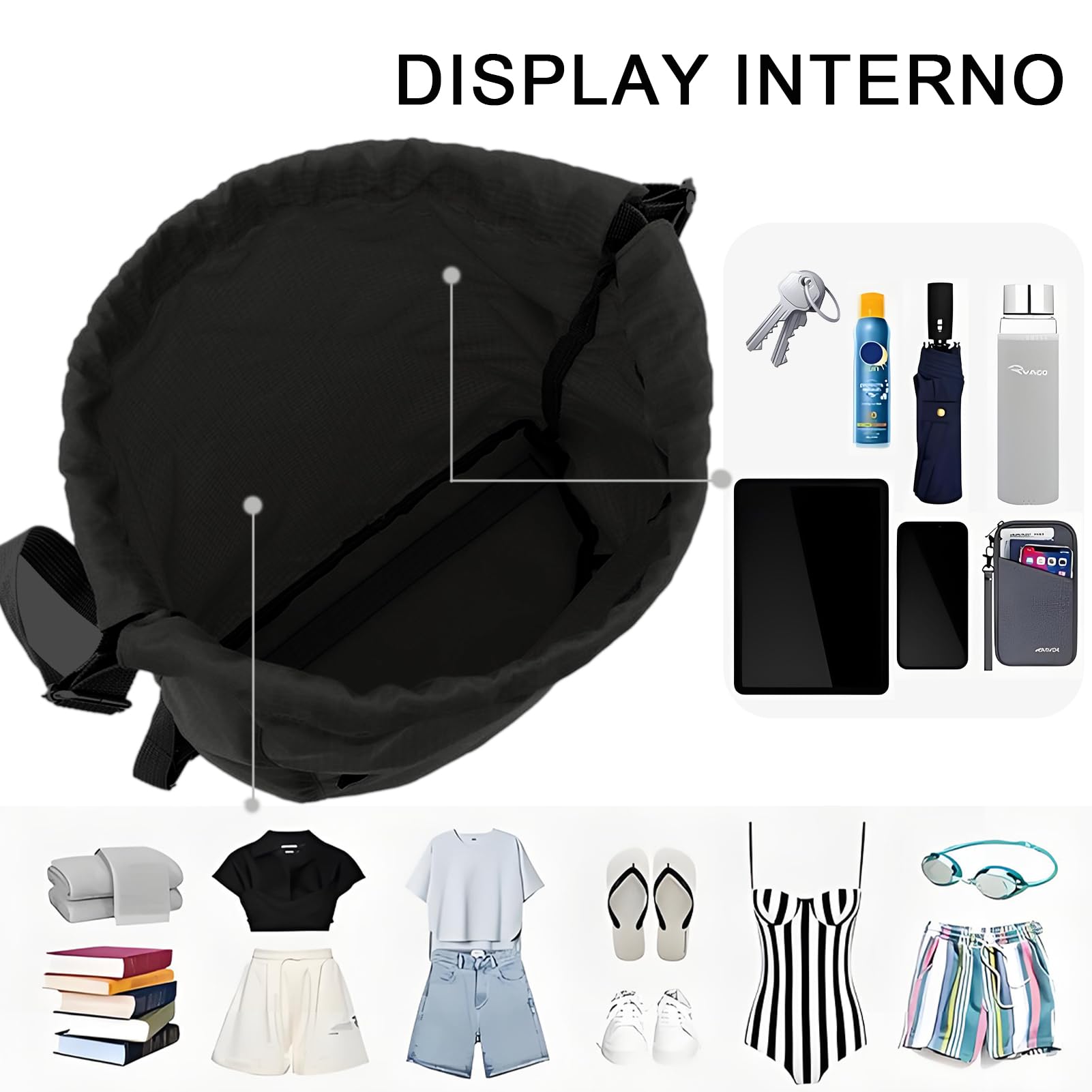 Borsa da palestra impermeabile con coulisse, borsa sportiva per donna e uomo, zaino pieghevole con coulisse di grande capacità, borsa con coulisse per escursionismo, campeggio, viaggi, nuoto (nero)