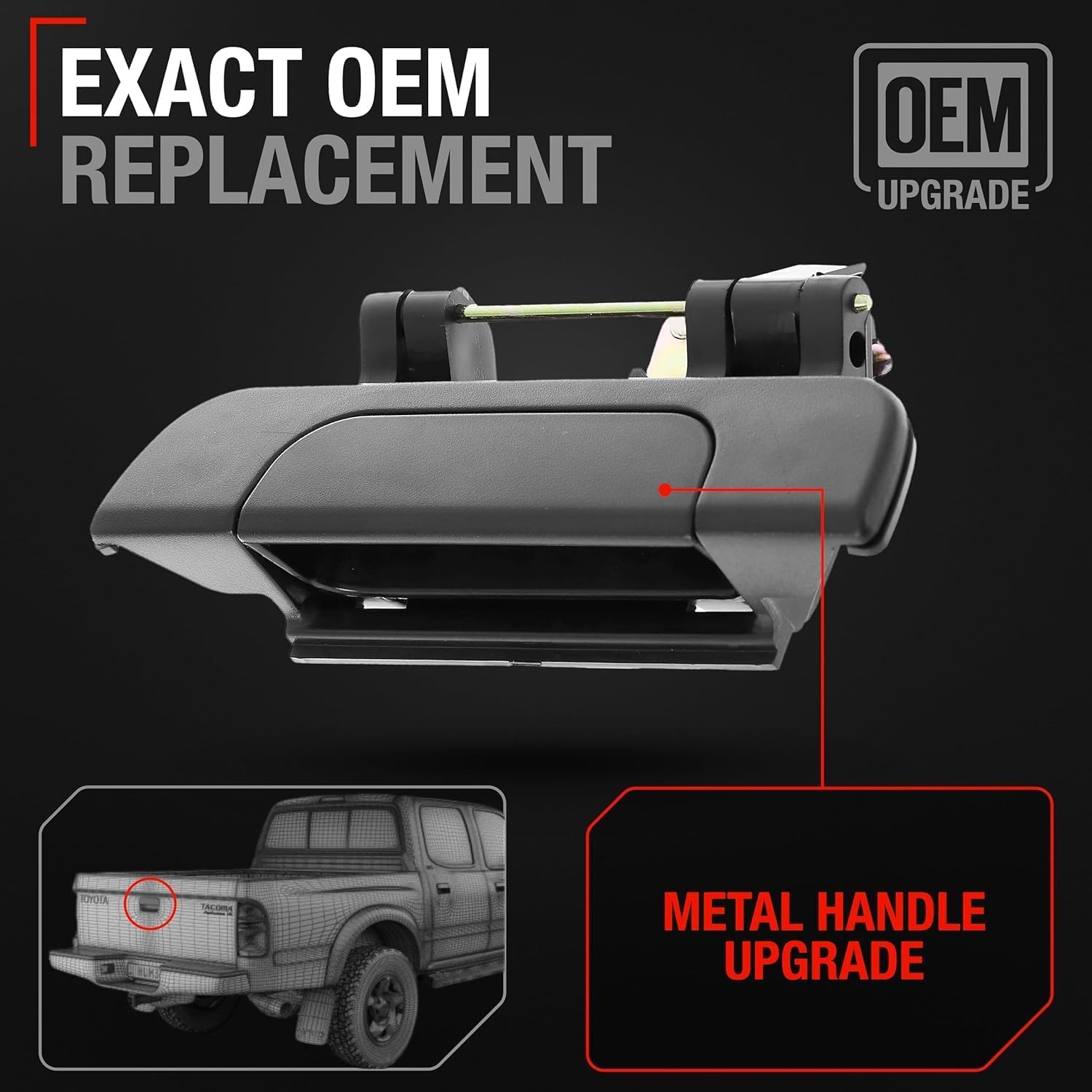 Tailgate Handle Assembly, Upgraded Metal - Compatible with 1995-2004 Toyota Tacoma Pickup - Liftgate Latch Assembly Textured Black - OEM 6909035010, TO1915102, 79605