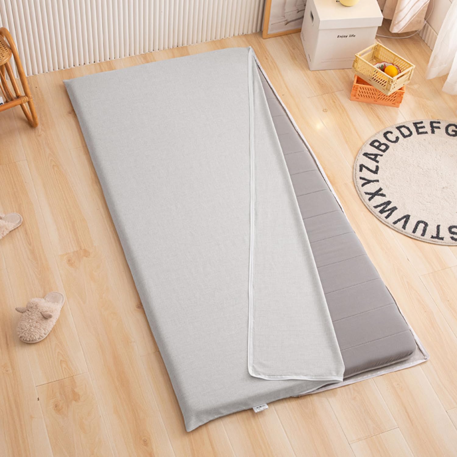 Housse de futon 100 % coton lavable pour matelas de sol traditionnel Shikibuton - Housse de protection zippée - Lavable en machine - 80 x 190 cm - Gris