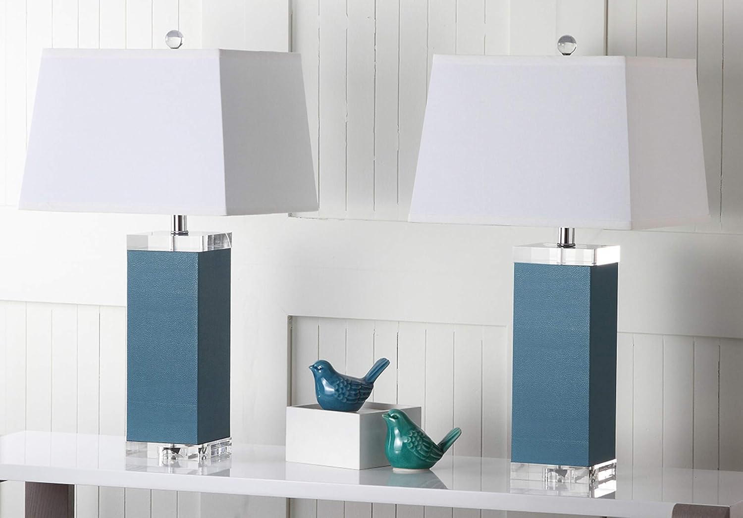 SAFAVIEH Lighting Collection Modern Deco Blue Faux Leather 26-inch Bedroom Living Room Home Office Desk Nightstand Table Lamp Set of 2 (LED Bulbs Included)