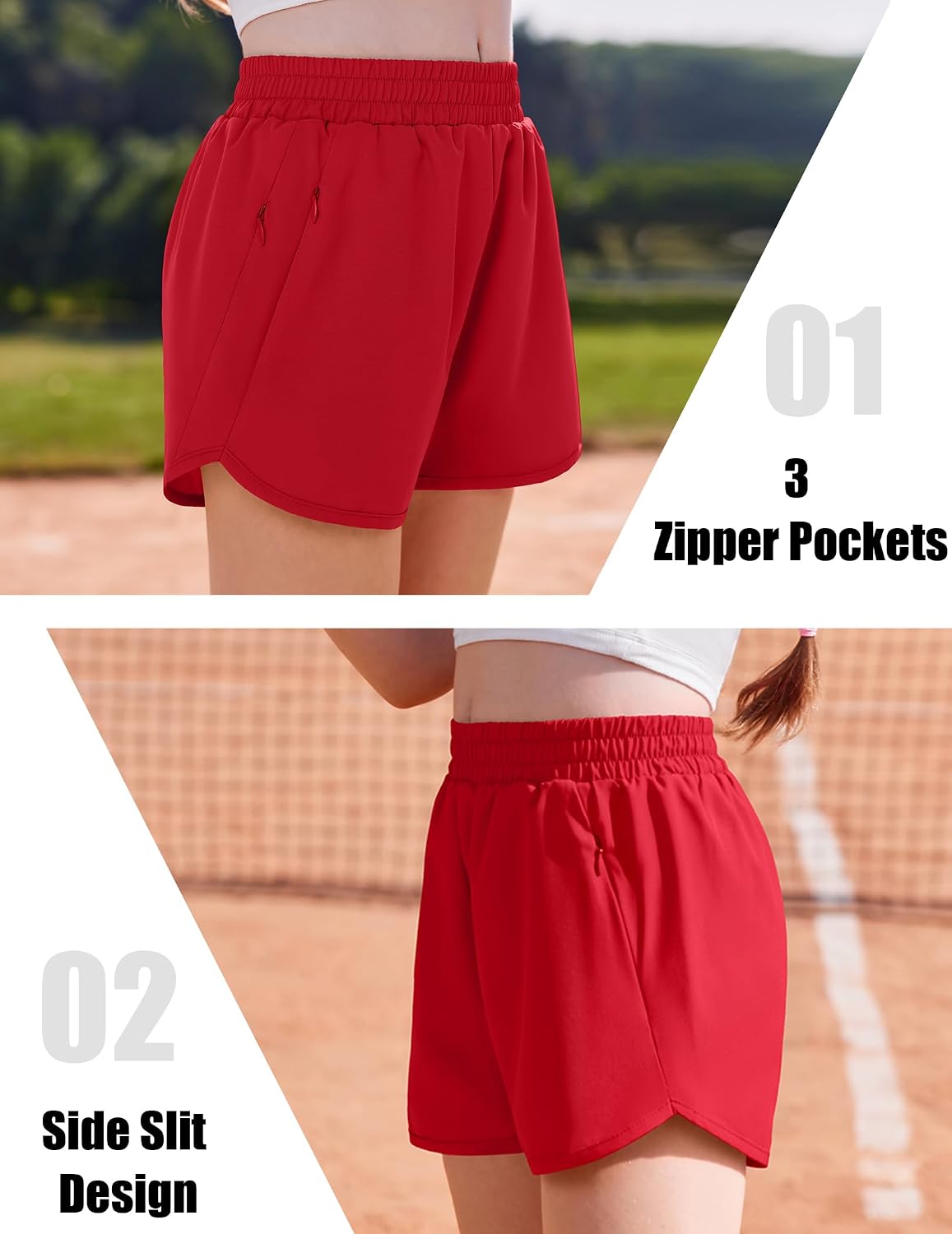 Arshiner Girls Athletic Shorts with Zipper Pockets 2 in 1 Running Shorts | Elastic High Waisted, Lightweight Fabric, Breathable Mesh Lining, Perfect for Basketball Soccer Gym Sports Active