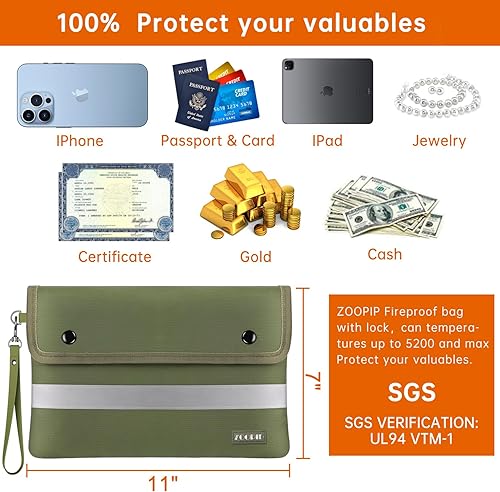 Miniatura 5 de Bolsa de dinero ignífuga con cerradura, bolsa impermeable con aislamiento térmico de 5200 F, (11 x 7 pulgadas), 8 capas de materiales funcionales,