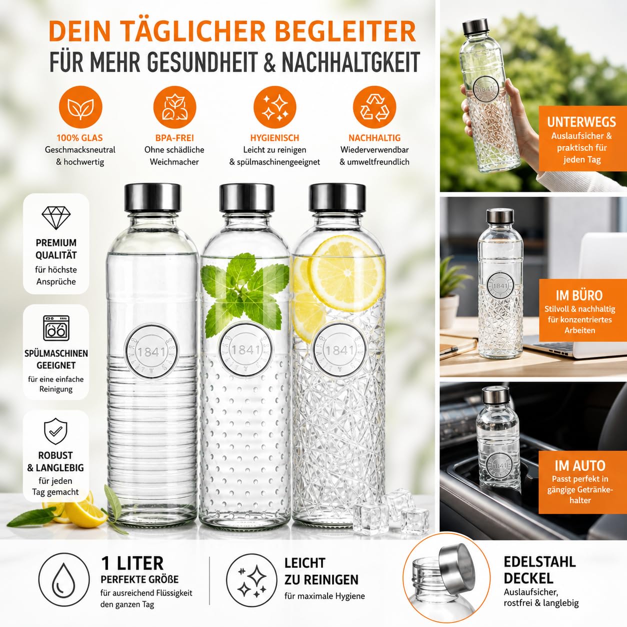 Glas Wasserflasche 1L - Luftdichte Trinkflasche mit Schraubverschluss - Vintage Design für Wasser & Saft - Kühlschrankgeeignet - (3er Set)