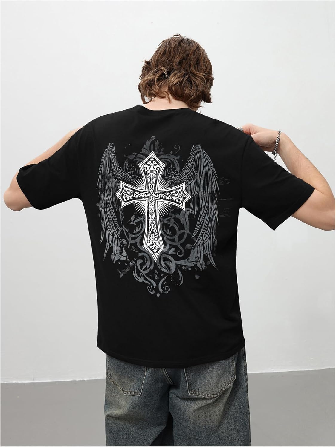 SHENHE Men's Cross Wing Graphic Y2k Goth Top Crew Neck Short Sleeve Rave Tee Shirt - Image 4