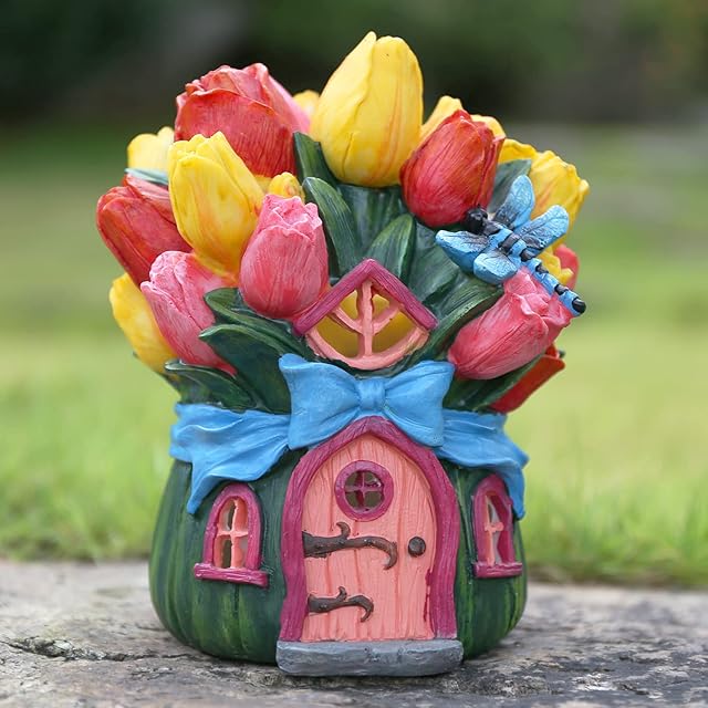 Art Elf Fairy House Tulip Garden Ornaments with Solar Powered Lights, Resin Garden Statues Sculptures for Patio, Yard, Home Decorations