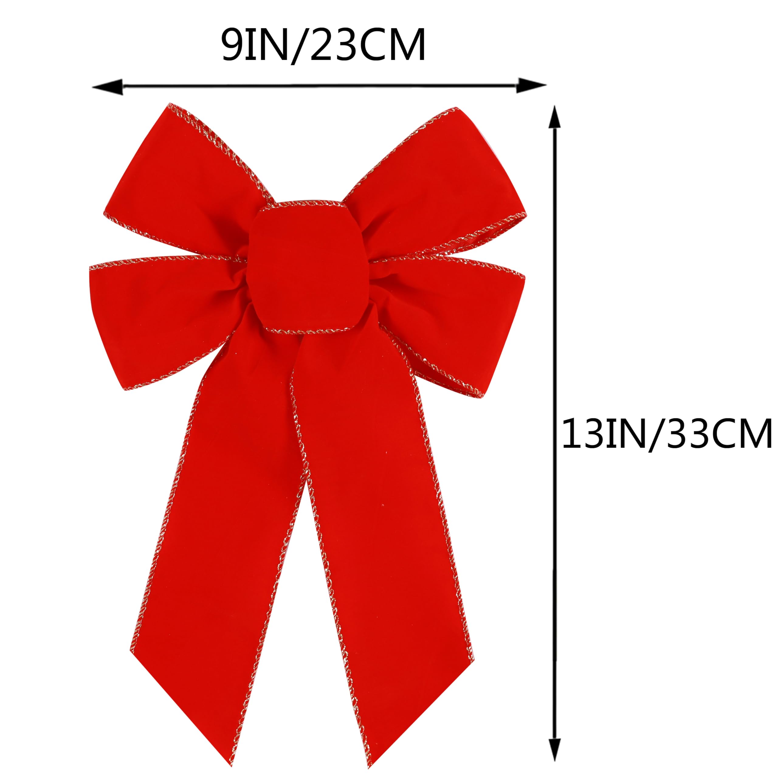 Yuubin 10 Pcs Red Bows Christmas Tree Decorations,9”x13” Large Velvet Wreath Bow with Glitter Gold Edge for Xmas Home Fence Stairs Railing Fireplace Indoor Outdoor Front Door Decor