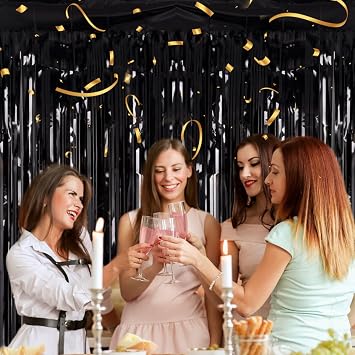 PIGETALE Metallic Tinsel Curtain Party Backdrop, 2pcs 3.2 x 8.2ft Black Foil Fringe Curtains Background, Aluminum Foil Flow Silk Streamers Curtain for Birthday Wedding Halloween Christmas Decorations | Thicker 23 Micron PET with Vivid Black Shine for Doors Walls and Party Photo Areas