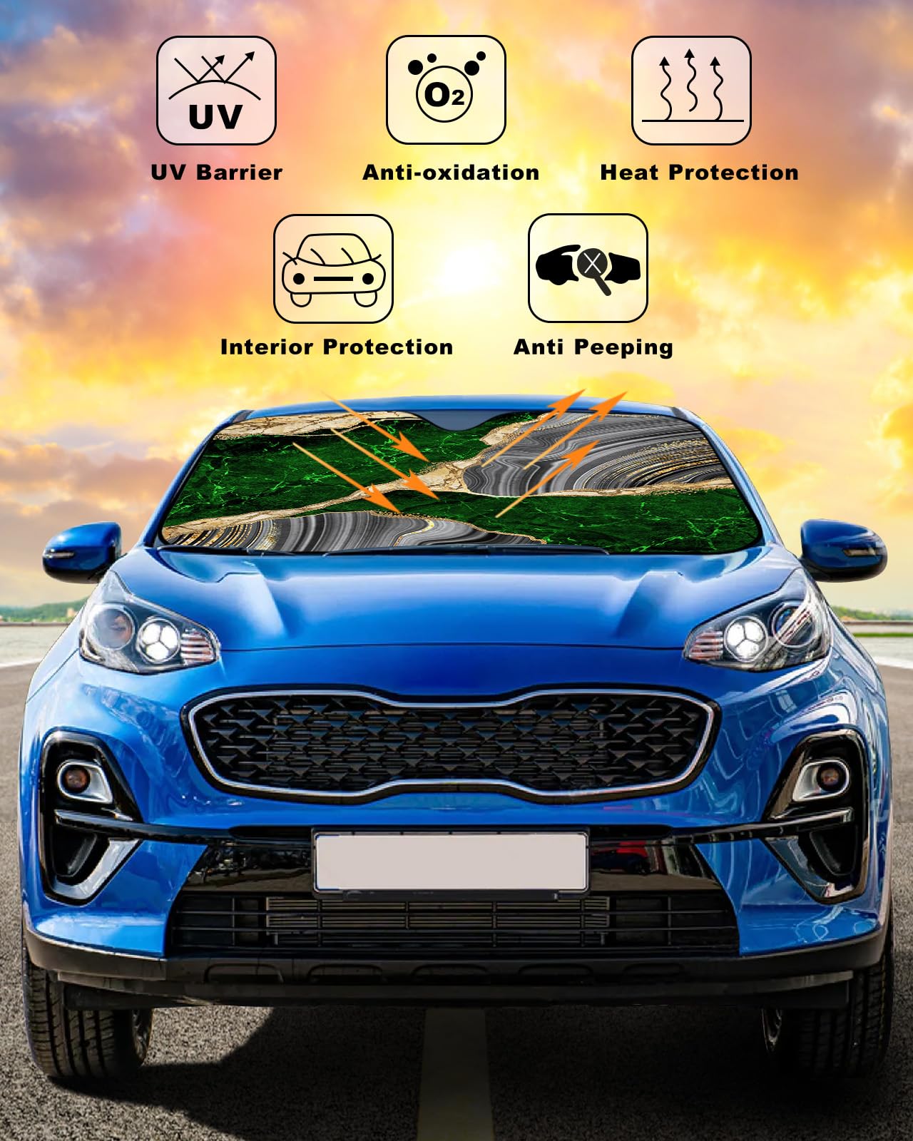 Front Car Windshield Sun Shade 27.5x55in, Abstract Emerald Green Grey Gold Marble Foldable Car Sunshade Blocks Sun UV Rays Protector Car Sun Visor Protector Keep Cool Car Sunshade