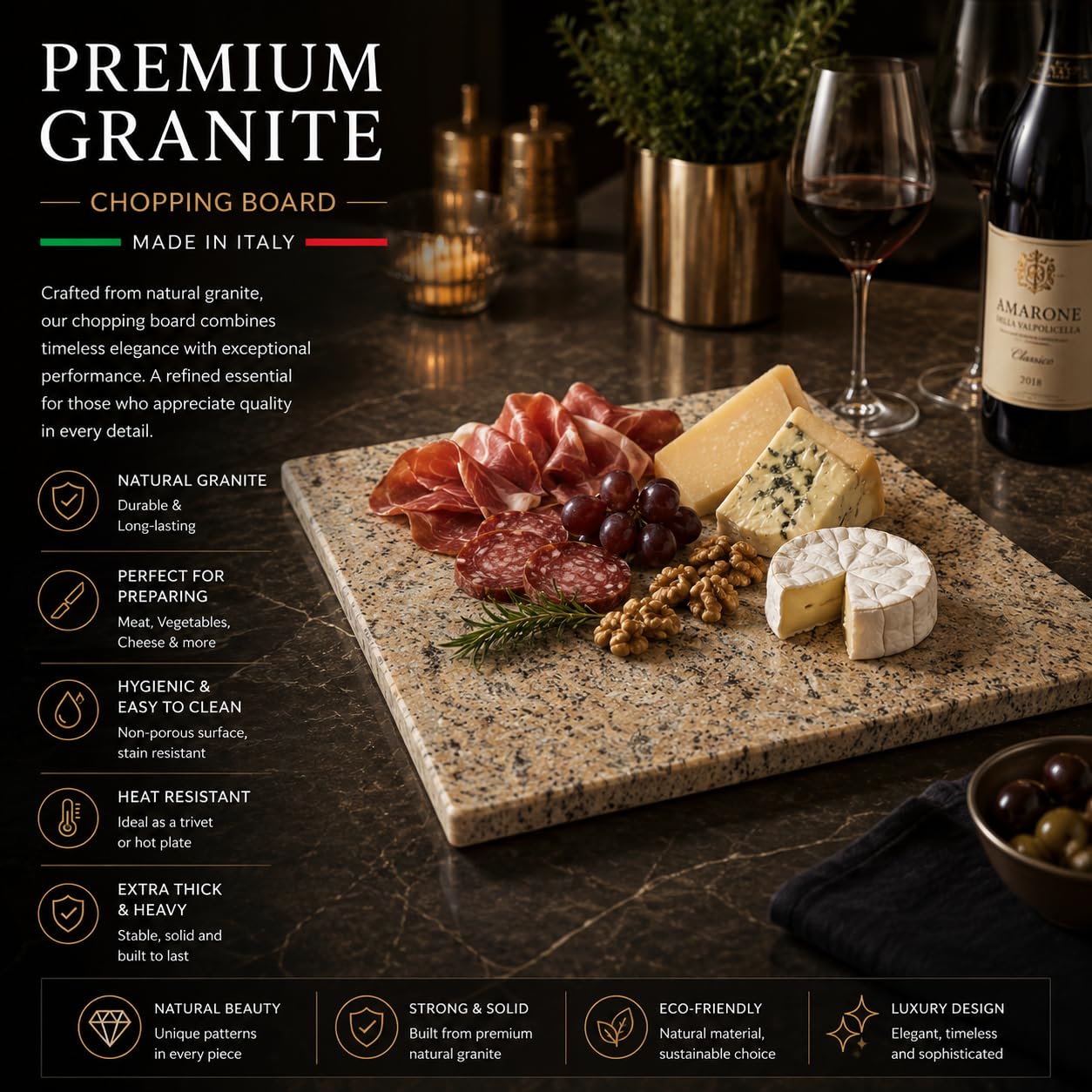 Granit Schneidebrett 40x30 cm – Massives Naturstein Brett | Steakbrett & Käseplatte | Servierplatte für Aperitif | Made in Italy – Kalu Creations (Yellow Multicolor)