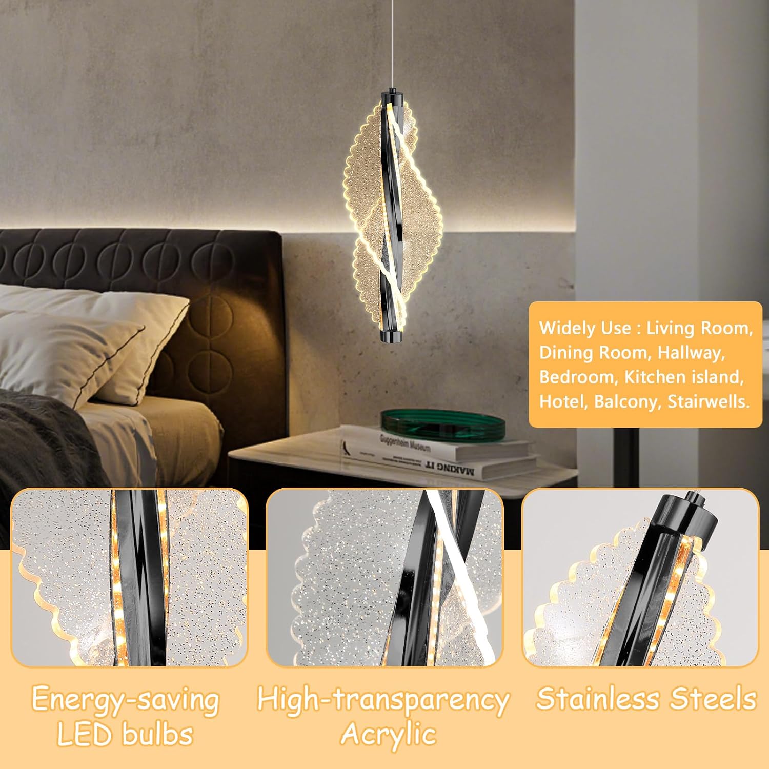 1-Light Pendant Lights for Kitchen Island Acrylic Hanging Light Modern Chandelier for Dining Room Bedroom Corridor Dimmable LED Included Black