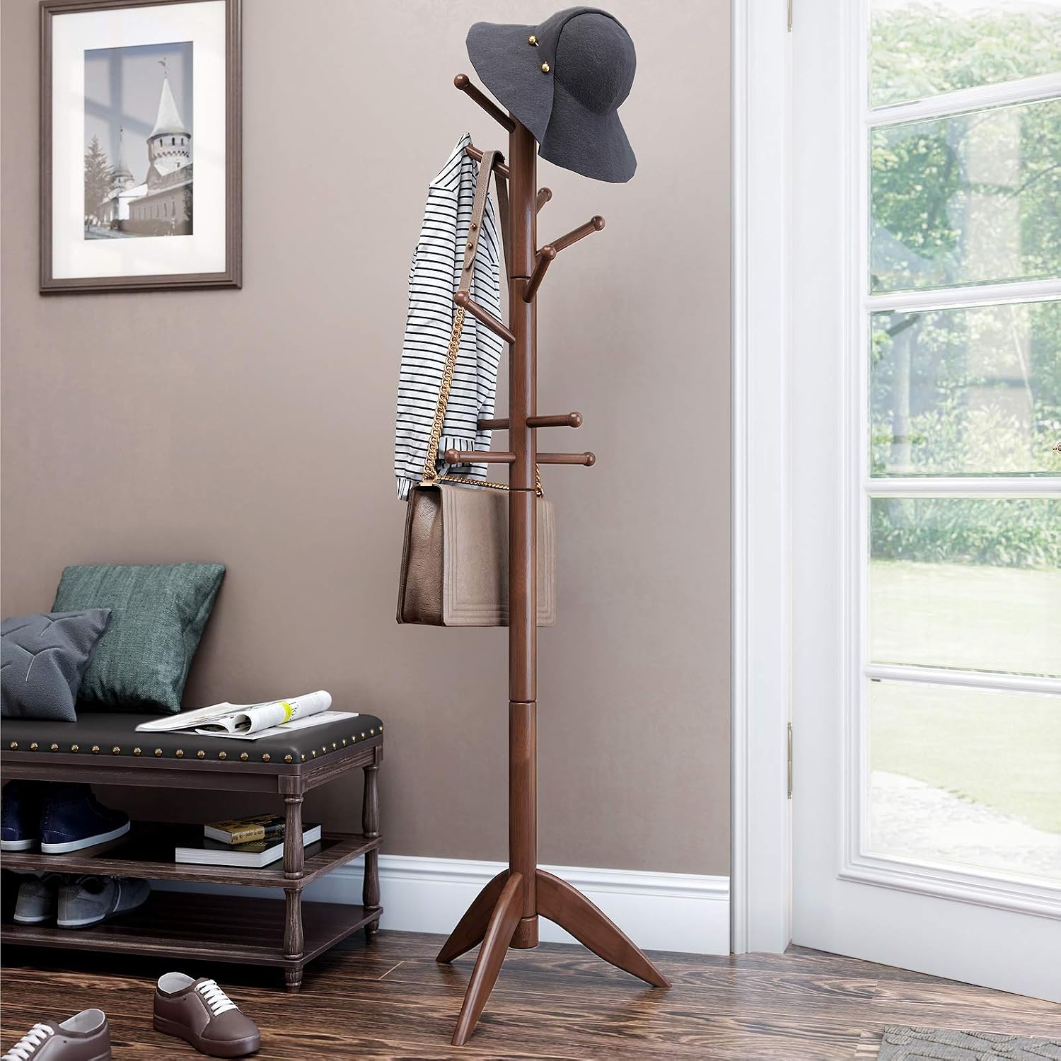 VASAGLE Coat Stand, Solid Wood Coat Rack Free Standing with 11 Hooks, Entryway Hall Tree for Clothes, Hats, Handbags, Rubberwood, Dark Walnut