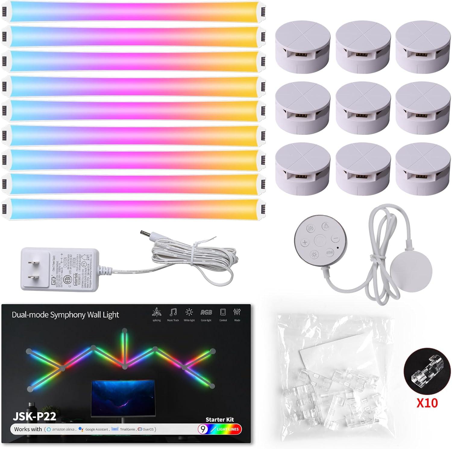 TOHETO RGB Wall Light, LED DIY Geometry Splicing Gaming Lights, Backlit Modular Wi-Fi Colour Changing Home Decor Lights Work with Alexa and Google Assistant for Game Room, Bedroom (9 Lines, White)
