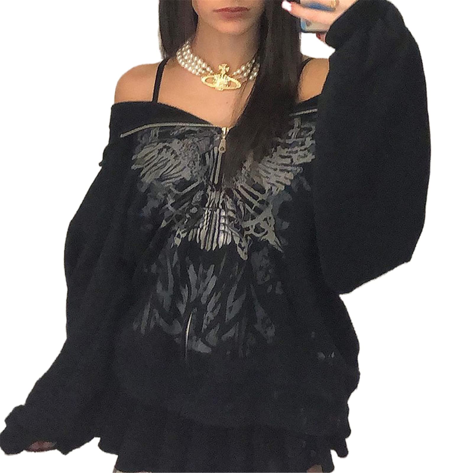 quecy Women's Y2k Hoodie Zip up Oversized Top Gothic Clothes Alt Sweatshirt Aesthetic Long Sleeve Vintage Punk Blouse |Black Wings |M-picture-7