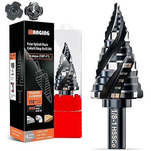 Broca escalonada de cuatro espirales para metal, cobalto M35, juego de brocas escalonadas Unibit de 18 a 1 pulgada (9 tamaños), resistente al