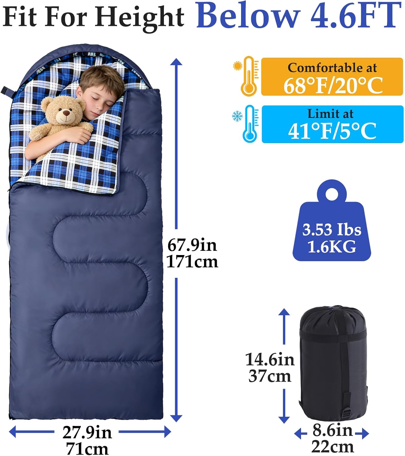 Uniqwamer Kids Sleeping Bag for Girls Boys - 4 Seasons Cold & Warm Weather Flannel Camping Sleeping Bags, Lightweight & Waterproof 45°F Sleeping Bag for Camping Hiking Outdoor Travel