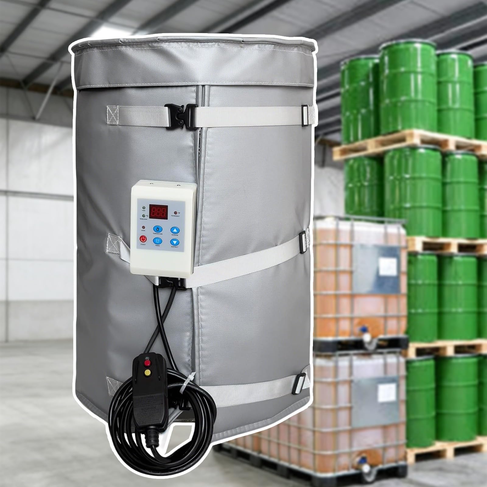 IBC 200L Podgrzewacz do kanistra Koc grzewczy z termostatem 0–120 ° C, wodoodporny podgrzewacz do pojemników 55 galonów, przemysłowa ochrona przed zamarzaniem (szary)