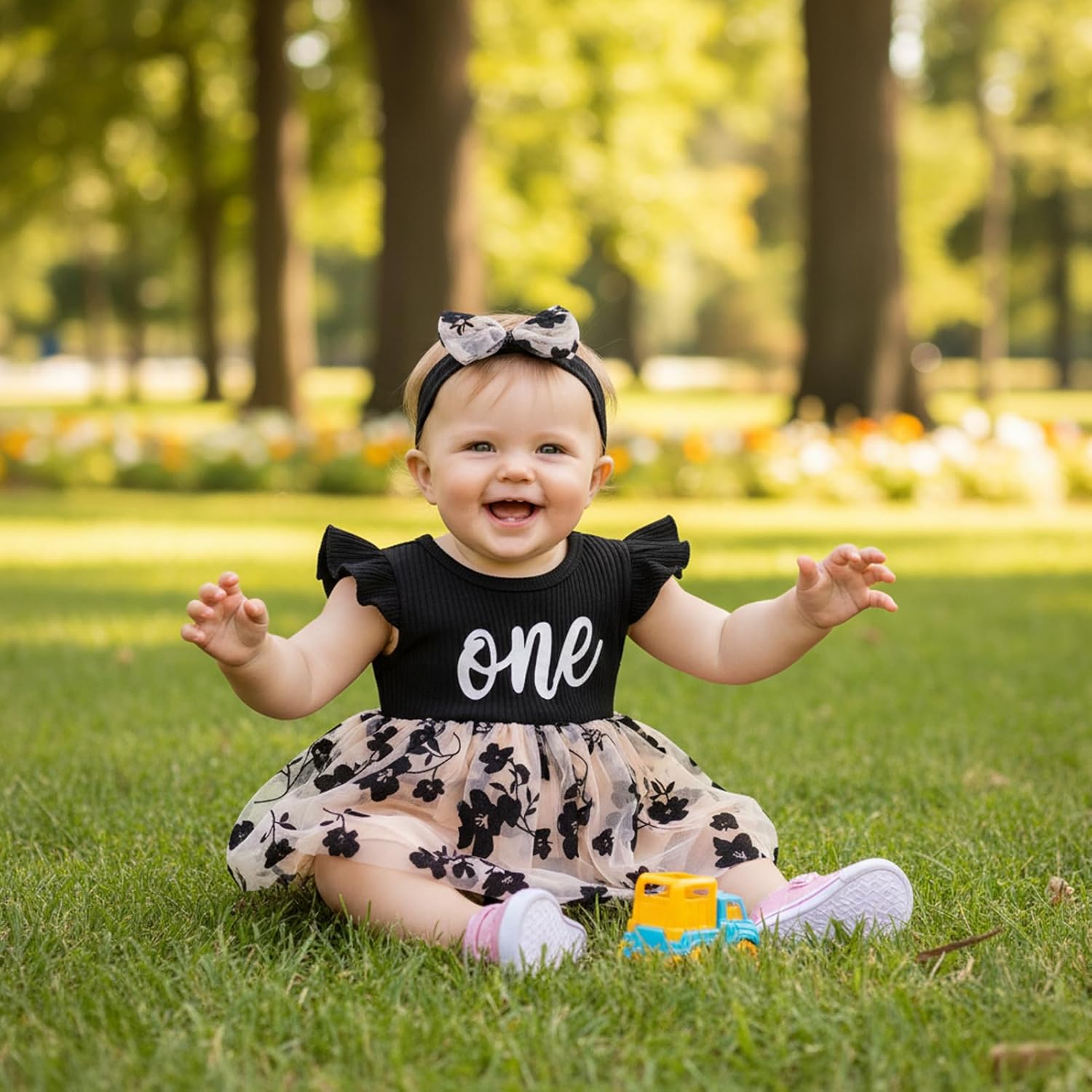 GRNSHTS Baby Girl 1st Birthday Outfits Ribbed Tulle Romper Princess Cake Smash Photo Shoot Clothes+Headband - Image 2