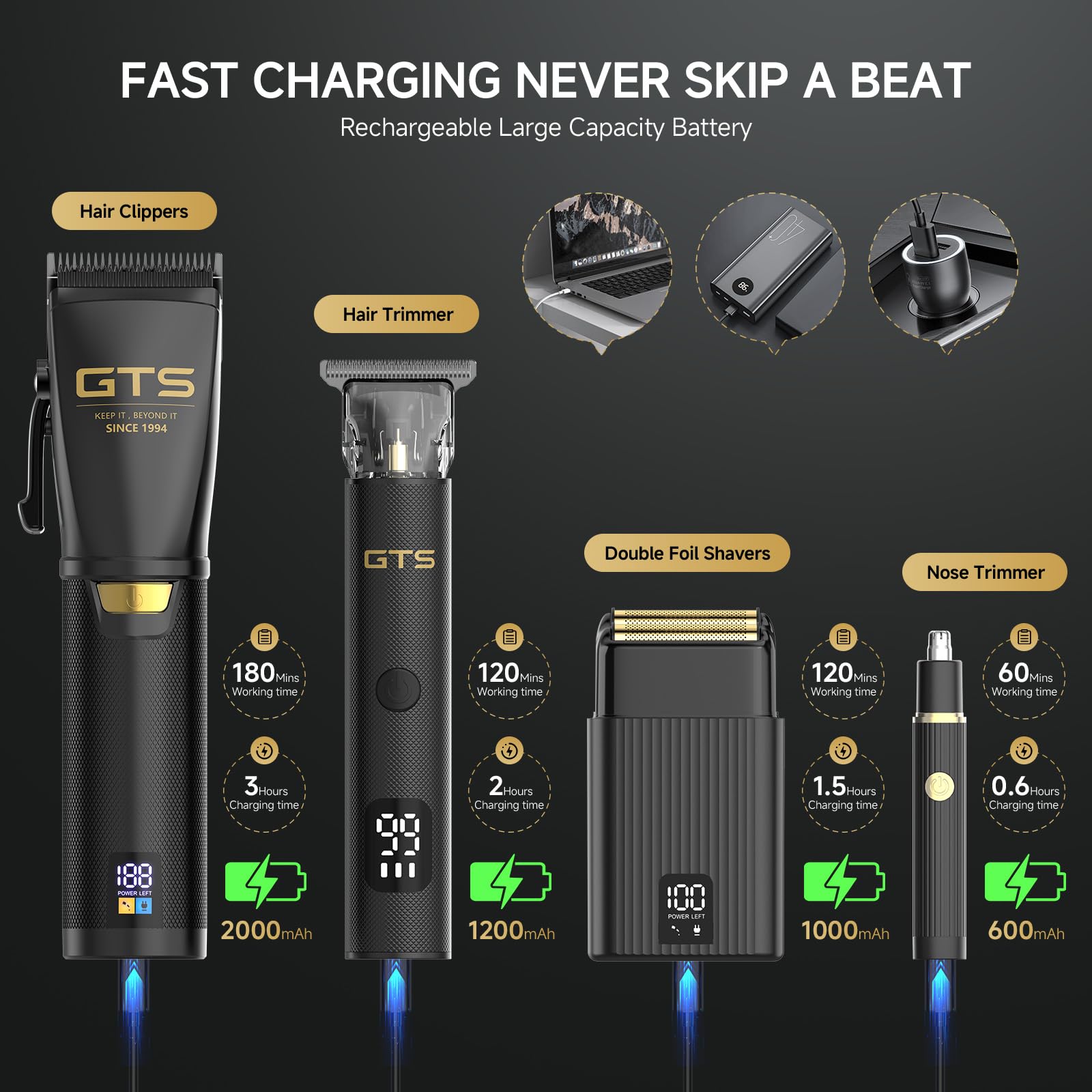 GTS - Tagliacapelli professionale da uomo, kit e set di regolabarba da uomo, senza fili, rasoio elettrico, macchina da taglio con display a LED, per barbiere 4 in 1