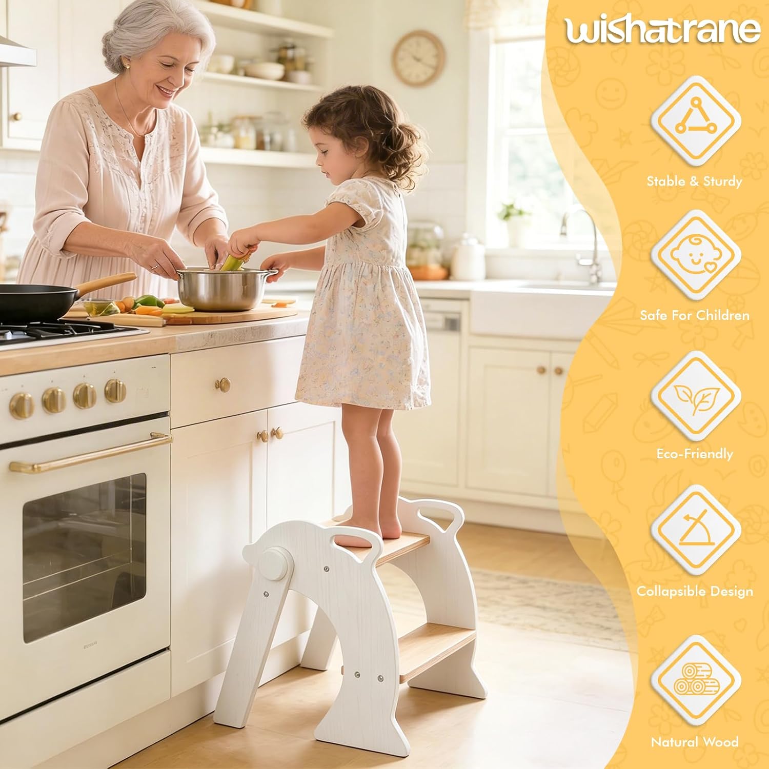 Montessori Two Step Stool for Kids - Foldable Sturdy Solid Wood Toddler Stool with Anti-Slip & Rounded Edge, Space-Saving Design for Kitchen Dining Bathroom Bedroom, White