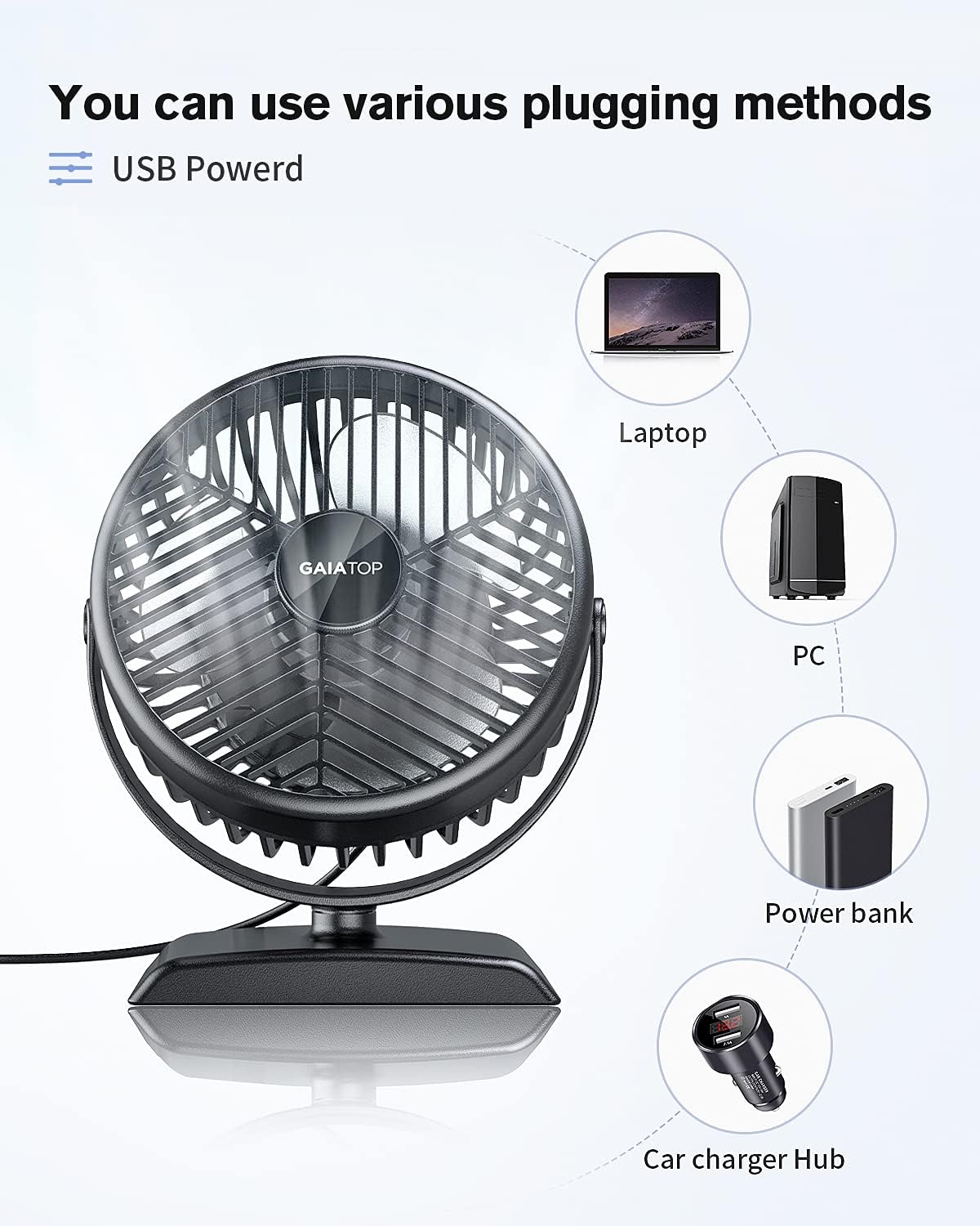 Gaiatop USB Desk Fan, Small But Powerful, Portable Quiet 3 Speeds Wind Desktop Personal Fan, Dual 360° Adjustment Mini Fan for Better Cooling, Home Office Car Outdoor (Black White) : Electronics