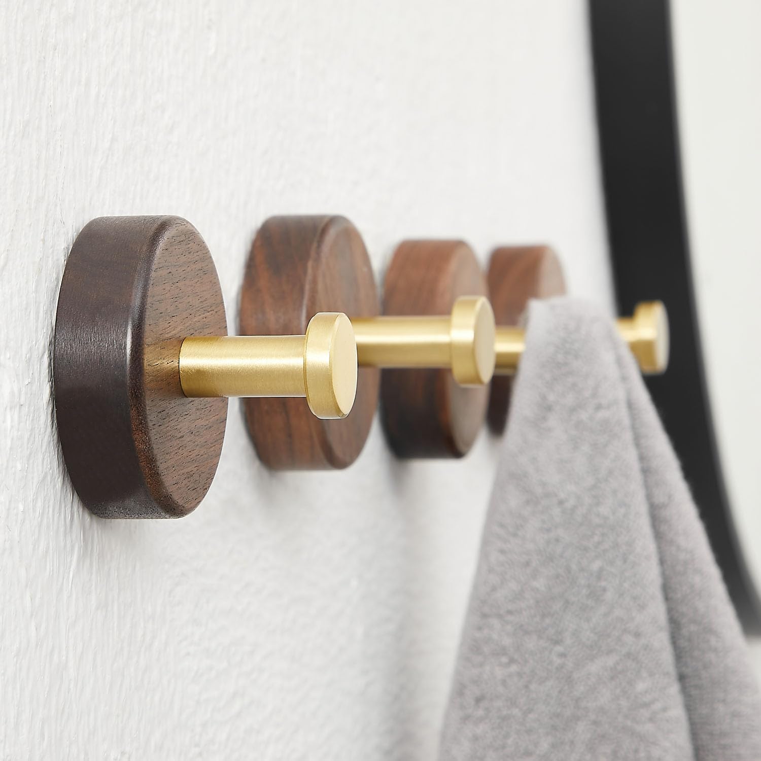 4 Packs Premium Wood Coat Hooks Wall Mounted, Heavy Duty Towel Hooks for Bathroom,Two-Way Installation Provided (Screw in & Adhesive),Rustic Gold Wall Hooks(Walnut)
