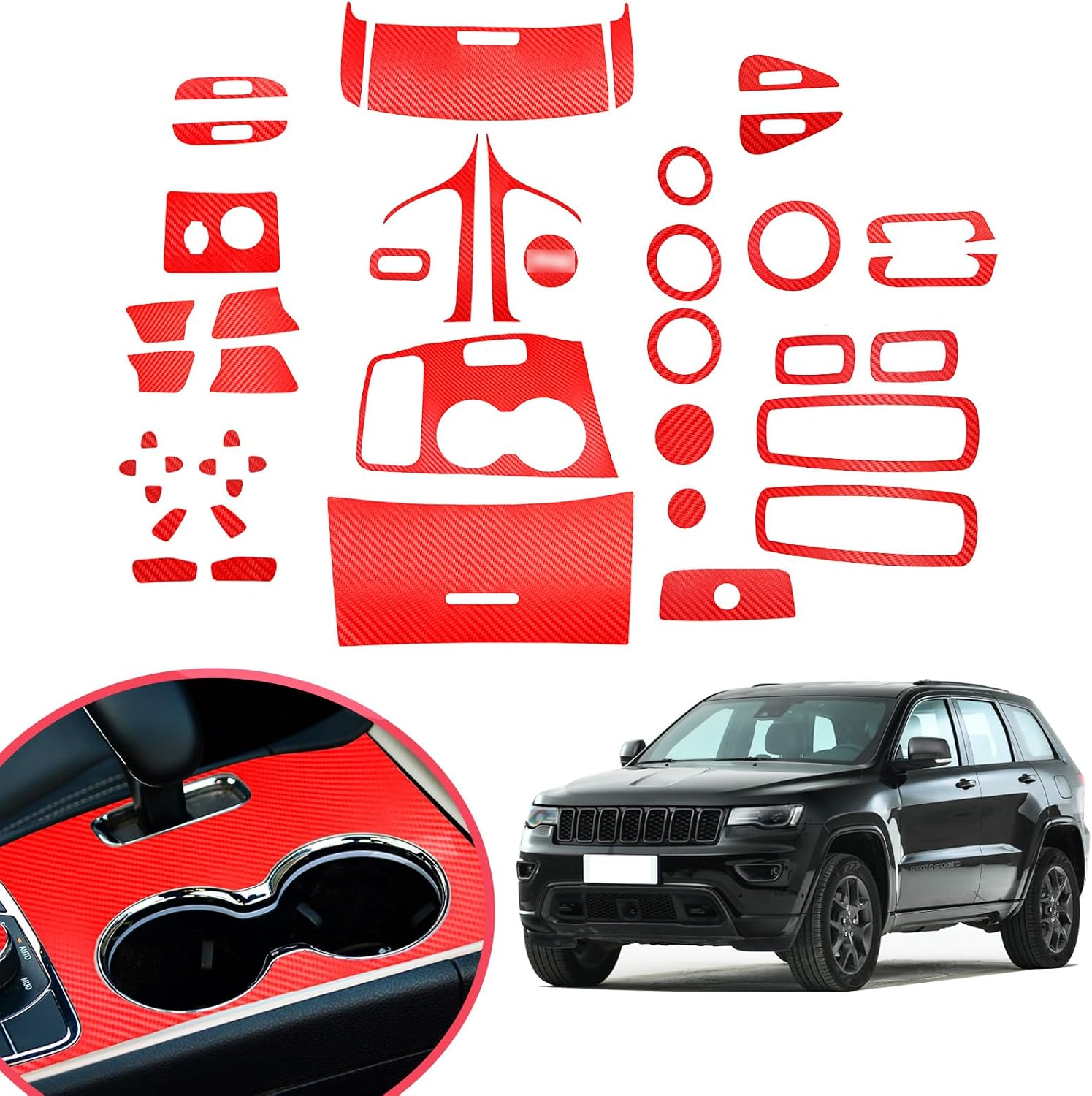 YAMUDA Compatible with Decorative Interior Protection Carbon Fiber Sticker for SUV Grand Cherokee 2014 2015 2016 2017 2018 2019 2020 2021 (Red 43pcs)