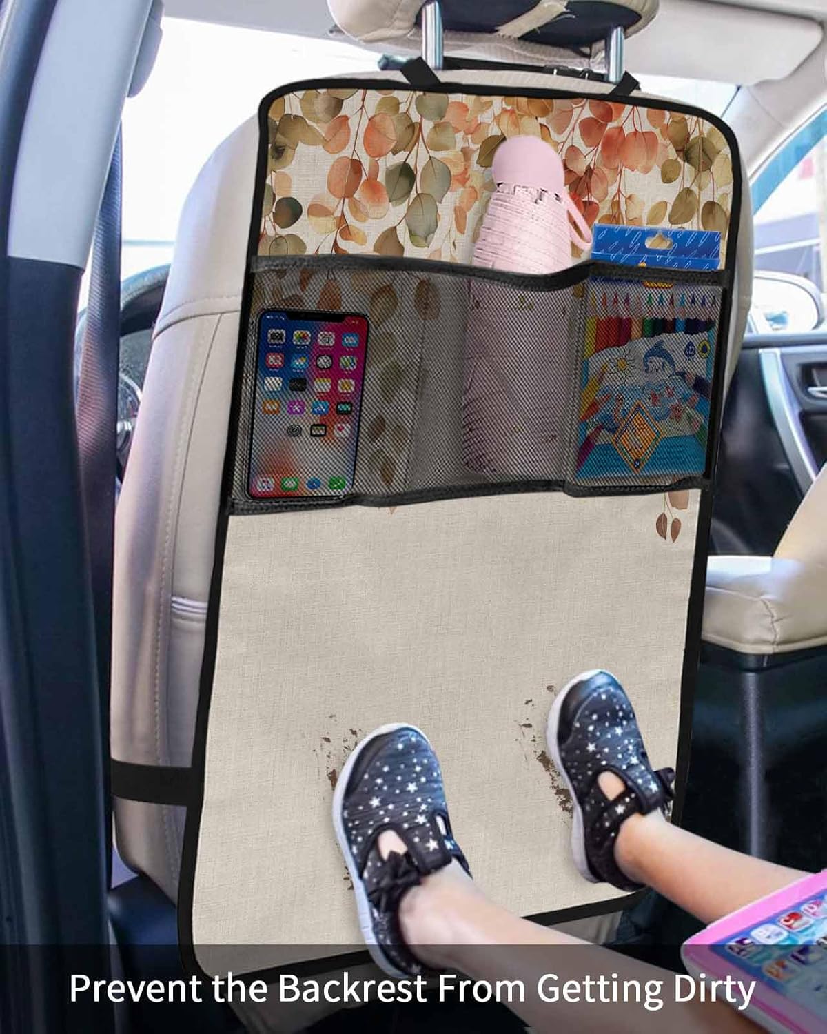 Car Seat Protector, 2 Pack Kick Mats with Organizer - 3 Pocket Storage, Fall Thanksgiving Retro Autumn Leaves Linen Texture Back Seat Cover for Kids Universal Fit Automotive Interior Protectors