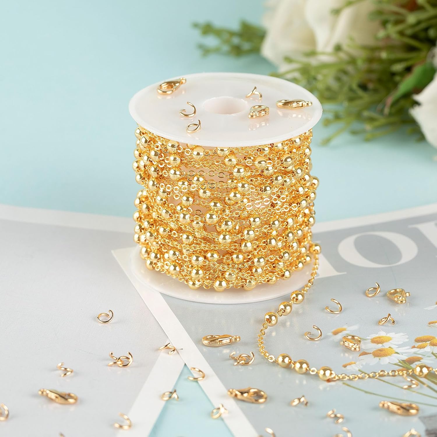 YOUBEIYEE 16.4 Feet Light Gold Cable Chain for Jewelry Making, 18K Gold Plated Brass Chain Roll Satellite Bead Necklace Chain Bulk with Jump Rings and Lobster Clasps - Image 6