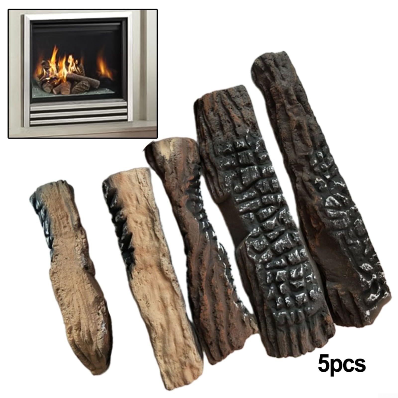 Lot de 5 grandes bûches de bois décoratives pour cheminée à gaz, en céramique, compatible avec les cheminées au bioéthanol, texture naturelle, bûches légères