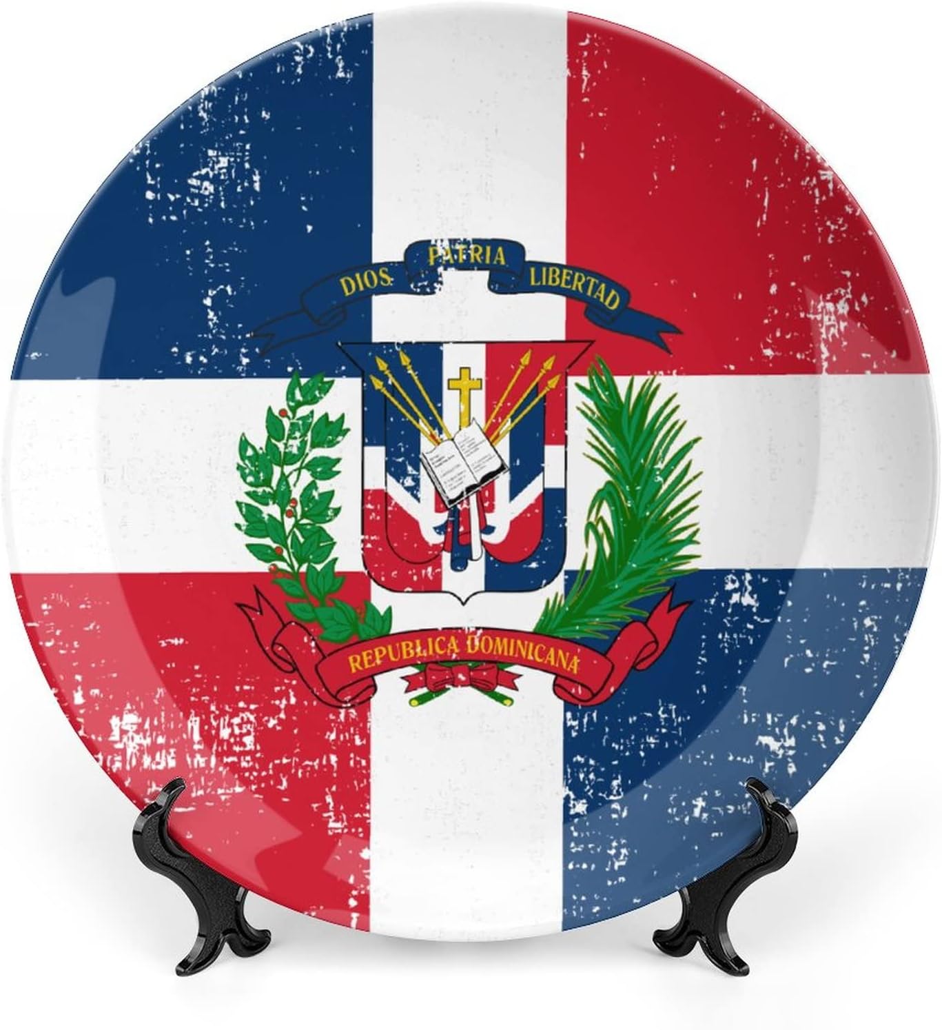 Retro Dominican Republic Flag Bone China Decorative Plate Ceramic Dinner Plate Art Crafts for Women Men Gifts with Display Stand