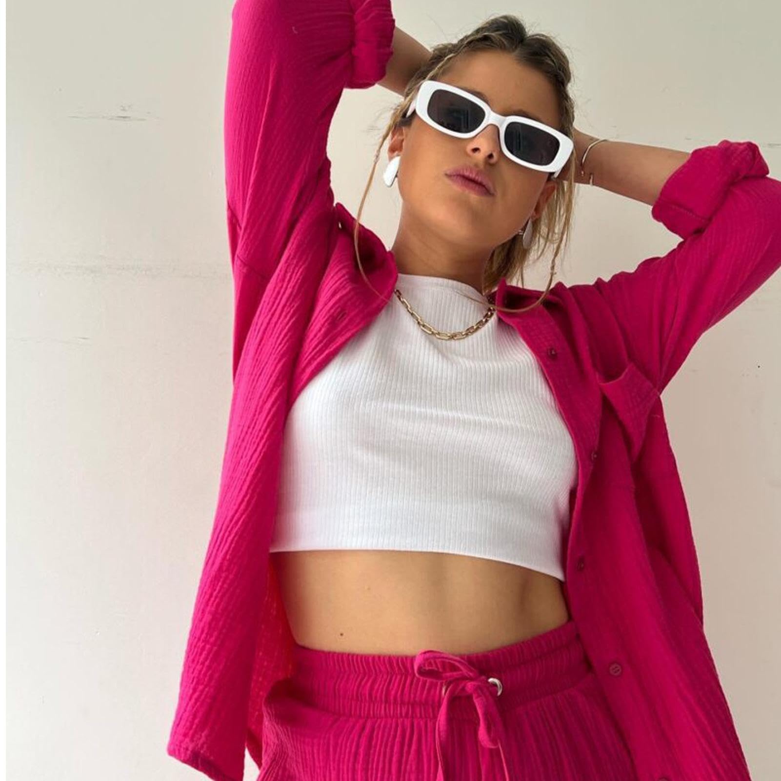 Completo estivo da donna in 2 pezzi, set da donna in mussola, camicia top con bottoni + pantaloncini, abbigliamento estetico, abbigliamento da casa, abbigliamento streetwear, abbigliamento da