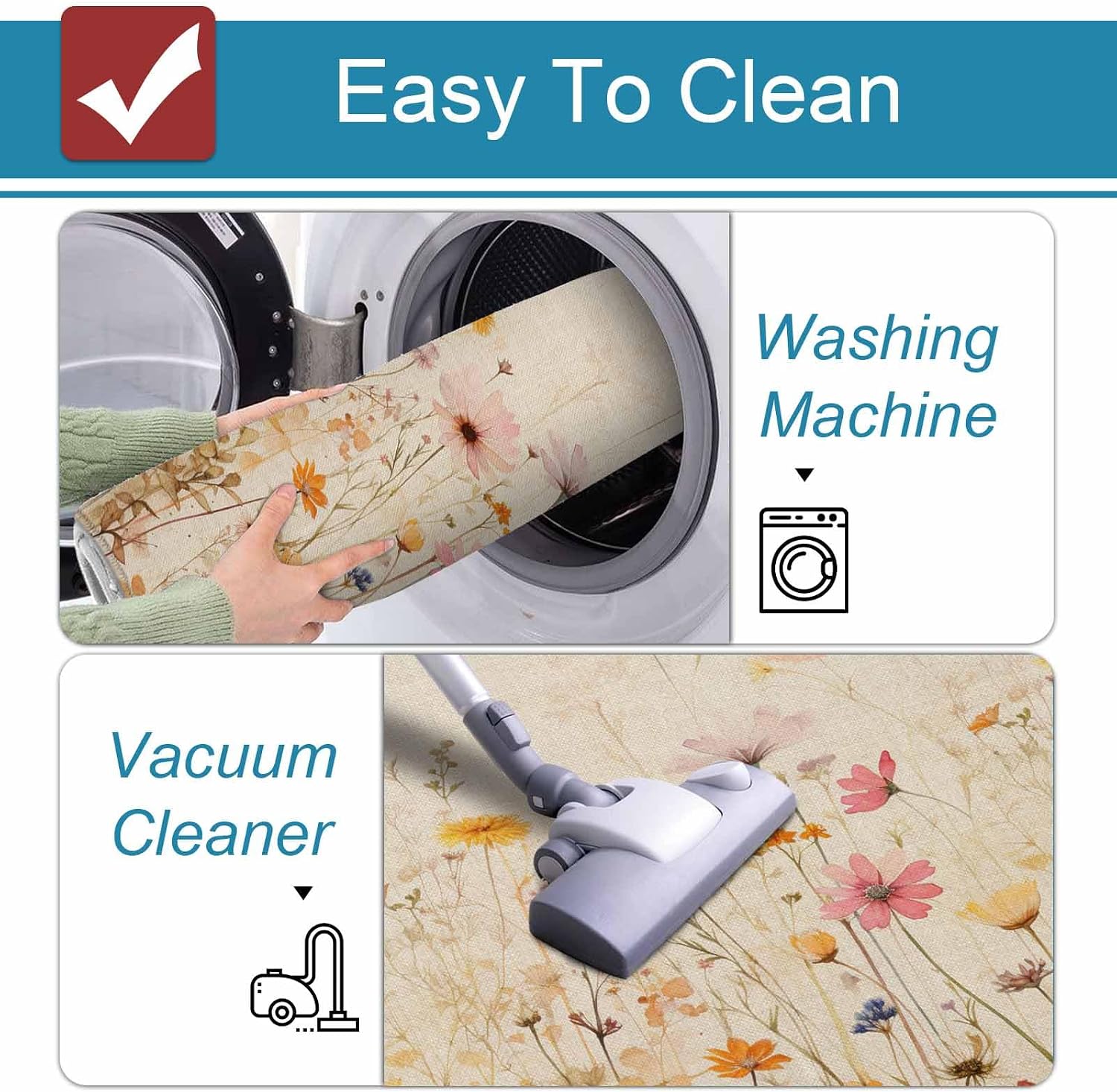 Prime Leader Vintage Flowers Kitchen Mat Set 2 Pieces Watercolor Floral Plant Leaves Linen Non Slip Kitchen Rugs Washable Runner Rug Mats for Sink Laundry (19.7" x 31.5"+19.7" x 47.2")