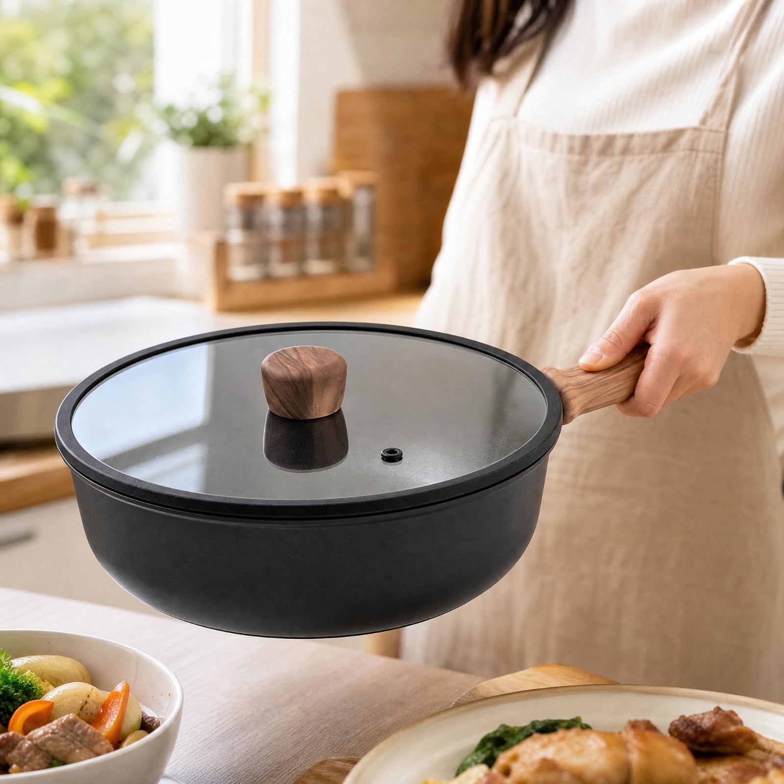 Wok con Manico Effetto Legno Resistente Al Pentola per Compatte, 30CM, Wok Con Coperchio