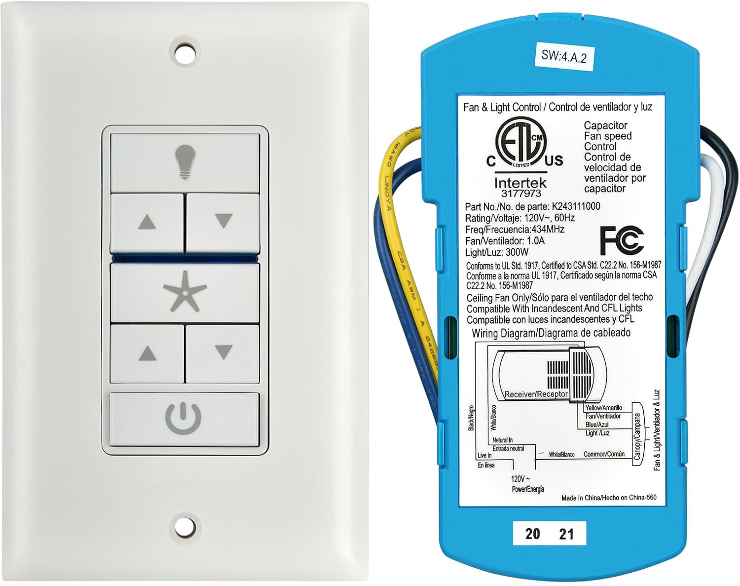 Ceiling Fan Remote Wall Control for Hunter Fan 99373 99375 with Receiver Kit, 3 Speed Control, Light Dimmer