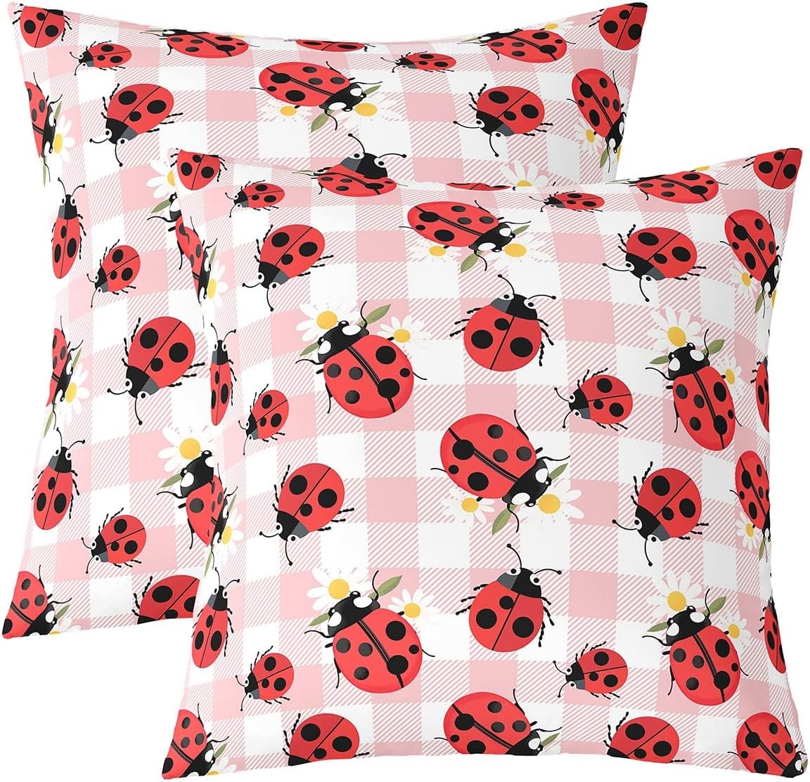 Cute Ladybug Throw Pillow Covers 24"x24" Cartoon Dasiy Flower Pillowcases Wild Animal Theme Reversible Print Cushion Cover Green Botanical Leaves Pillow Covers for Sofa,Set of 2