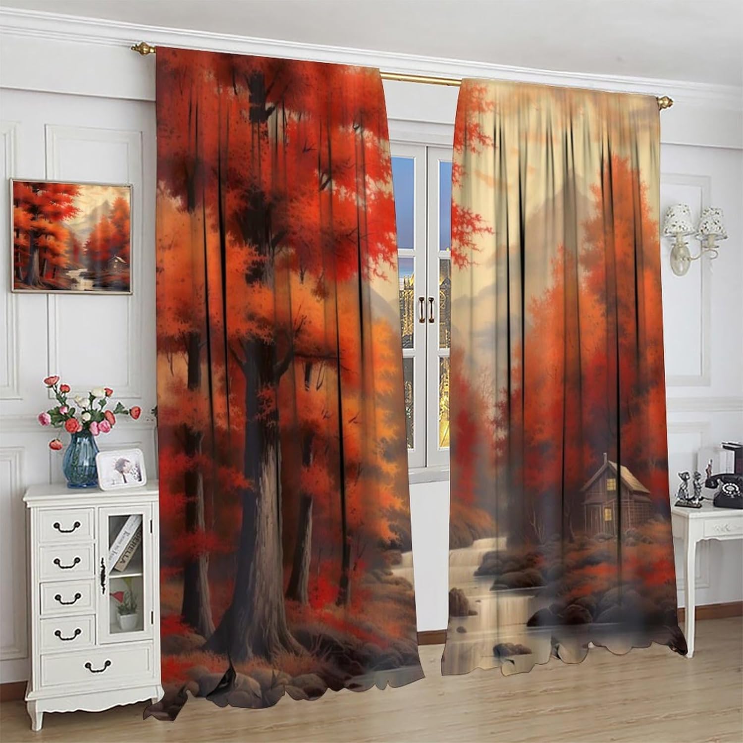 Fall Blackout Window Curtain Autumn Forest Brown Misty Maple Aesthetic Oil Painting for Home Kitchen Livingroom Coffee Room Window Drapes 2Panel 42" W X 45" L