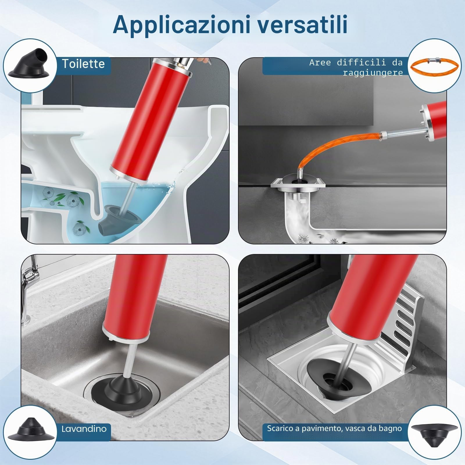 Pompa per la Pulizia Degli Scarichi XXL, Sonda Sturatubi con Manometro Regolabile, Pompa per la Pulizia Degli Scarichi con Ugello Dritto Reversibile, Adatta per Lavandini, Vasche da Bagno, WC