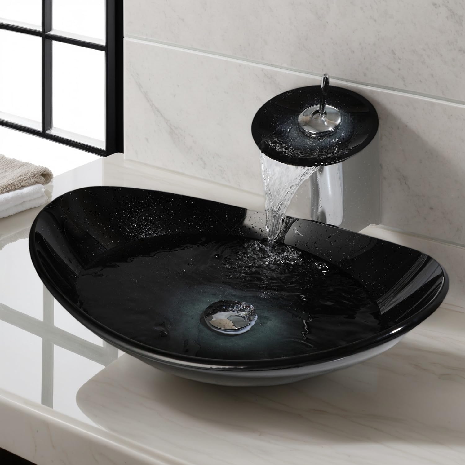 22x14 Inch Oval Glass Vessel Sink for Bathroom with Faucet and Drain Combo, Above Counter Mounted Sink Bowl with Starry Black Gradient