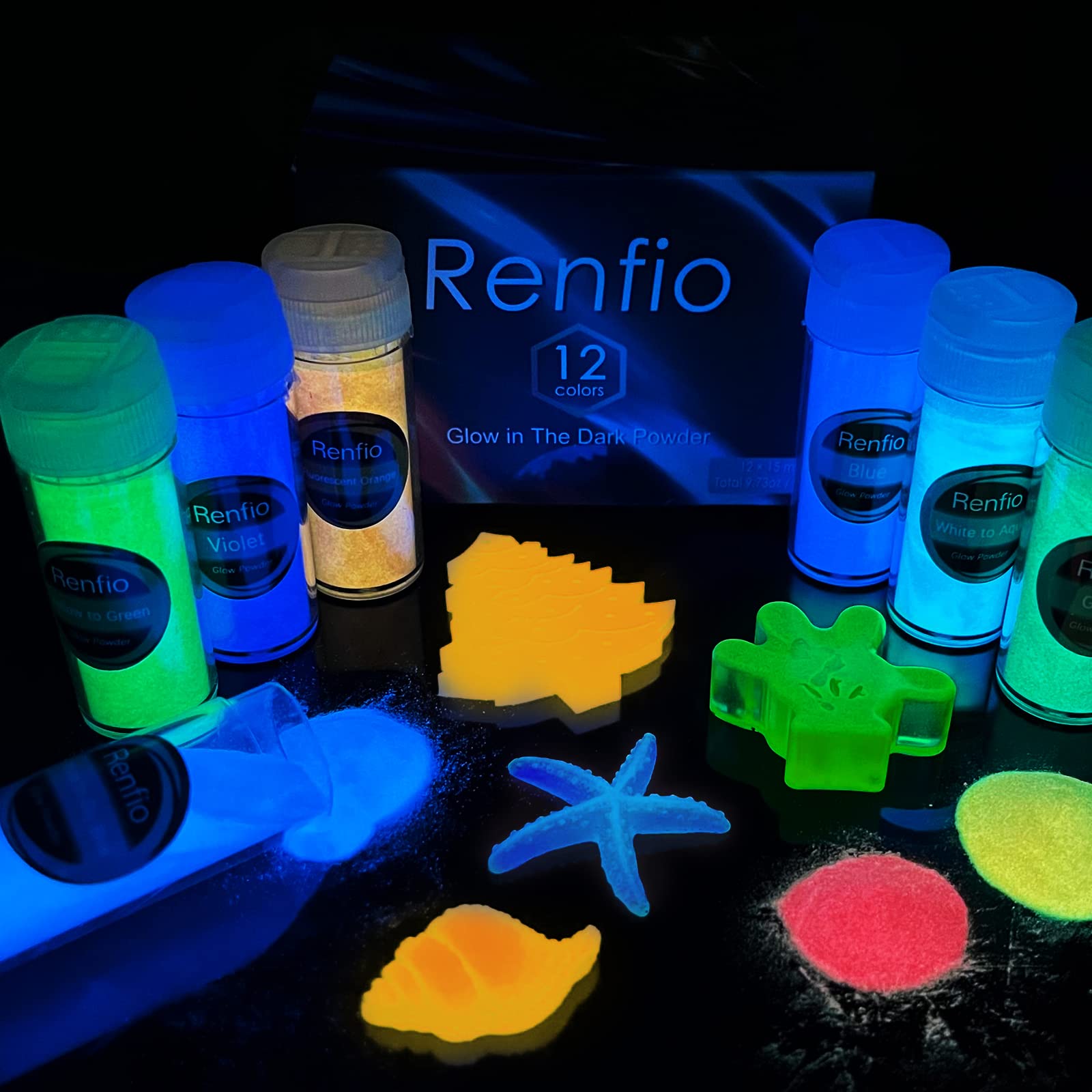 Renfio Set di 12 polveri fosforescenti che si illuminano al buio, polveri di pigmenti luminosi in resina da 9,86 once 276 g Polvere di mica luminosa Coloranti per vernice fosforescente per forniture d