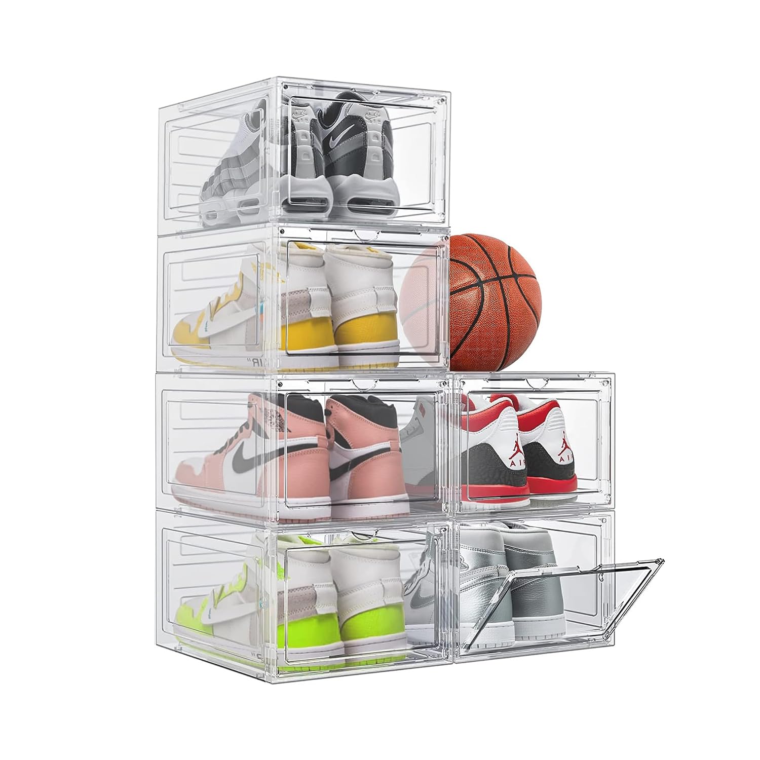 PLAYSO Drop Front Shoe Box Stackable Plastic Shoe Box with Clear Door, Display Sneakers, Shoes Organized Box (6-Pack)