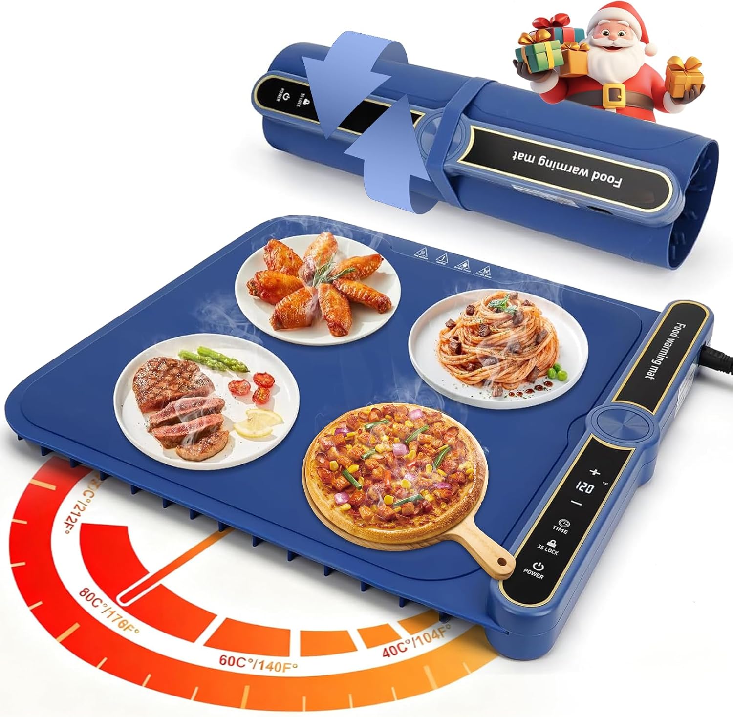 Warming Mat for Food -Food Warmers for Parties Buffet, Electric Warming Tray Full Surface Even Heating with 9-Level Temp Adjustable & 6H Auto Timer, Roll-Up Silicone Heating Pad for Home Travel (Blue)
